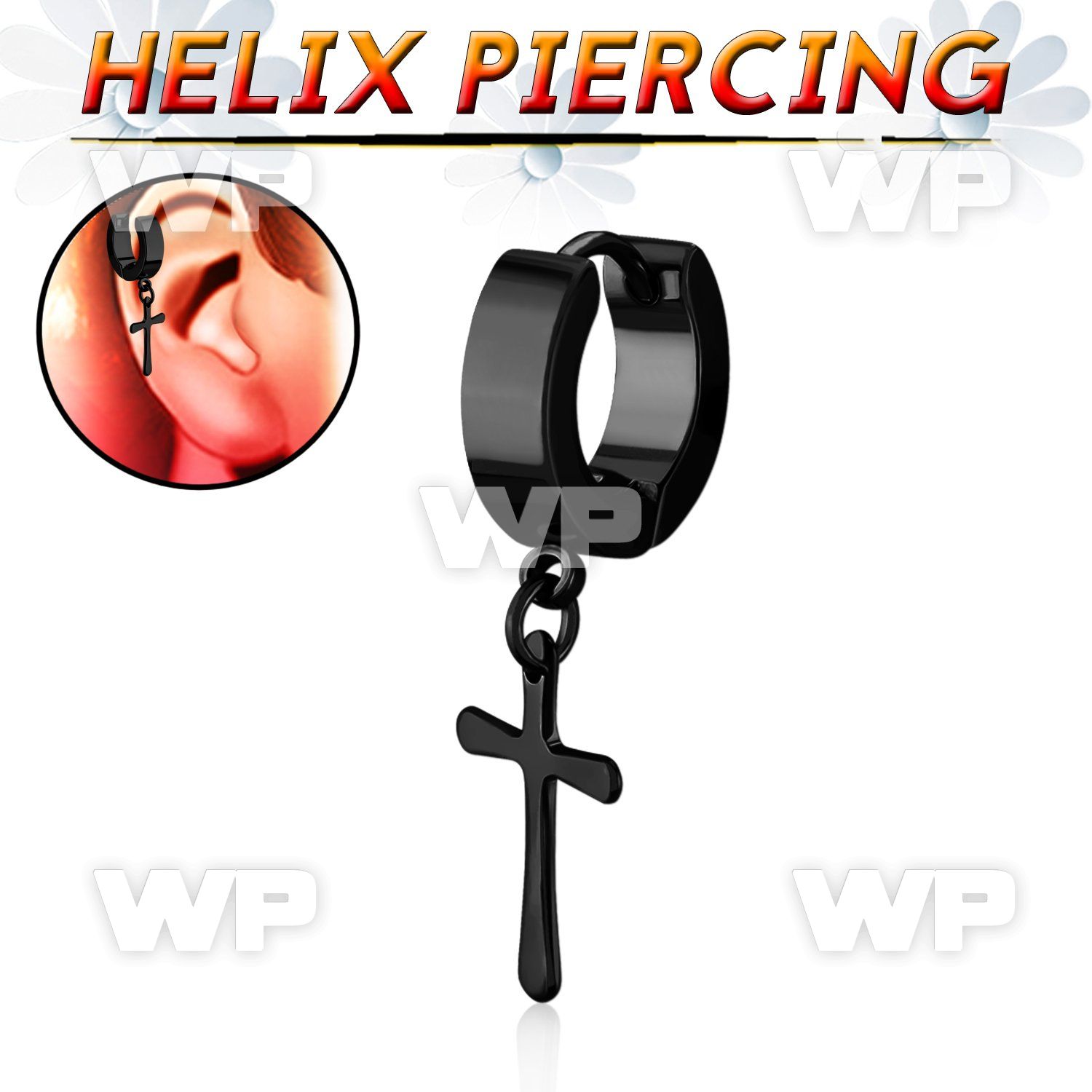 er268cb tiny black steel helix huggie w cross dangling