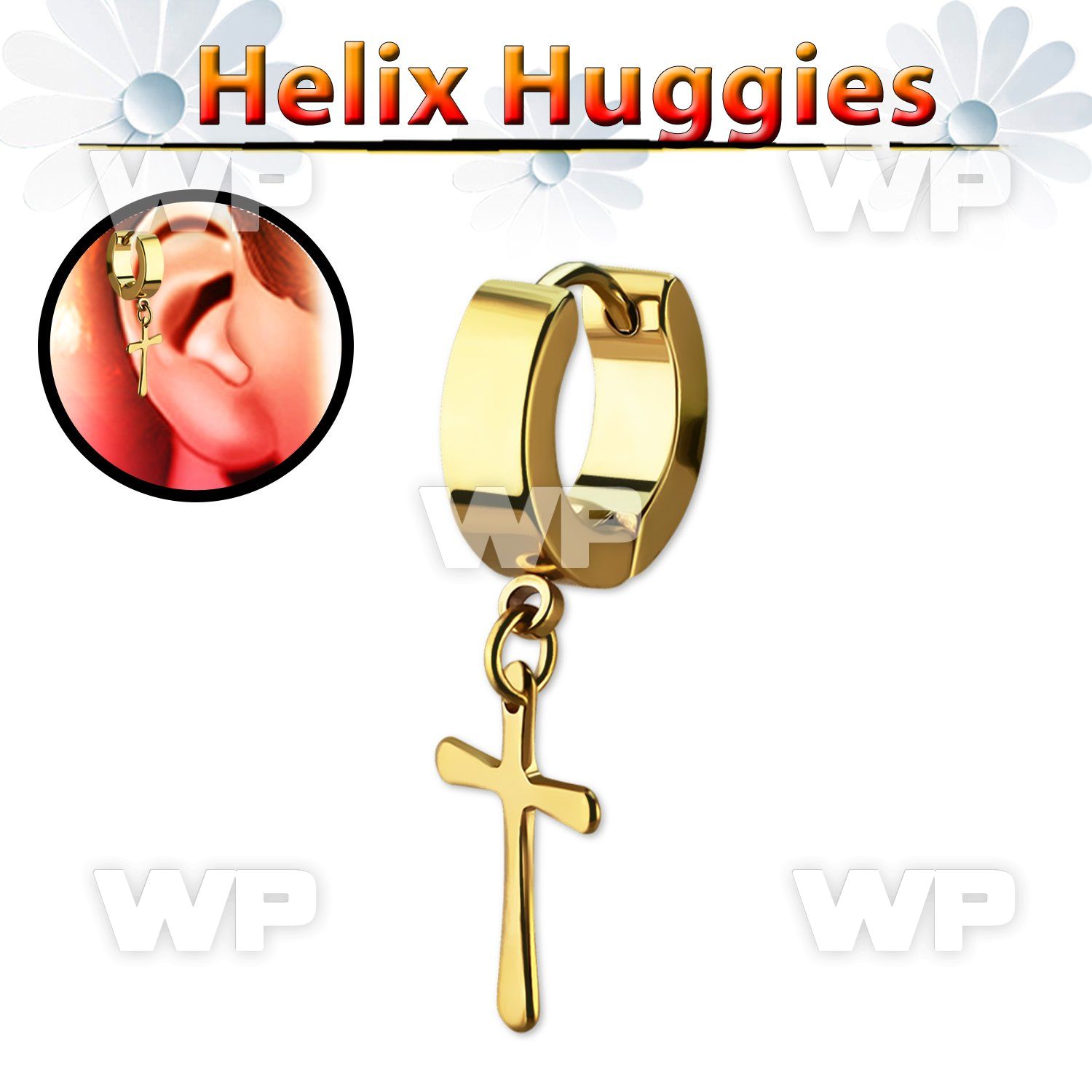 er268cg gold plated steel huggie earring with cross dangling