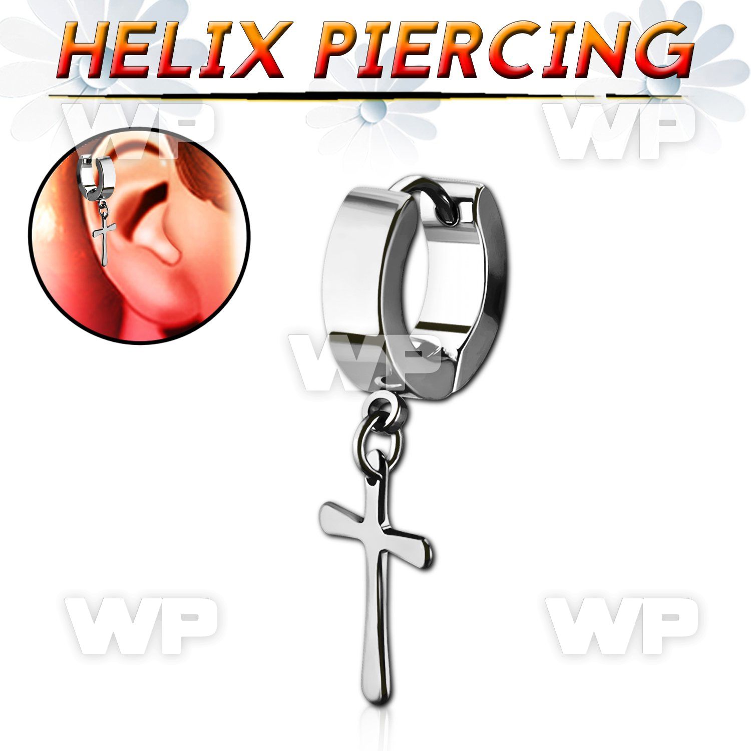 er268ch tiny high polished steel helix huggie w cross dangling
