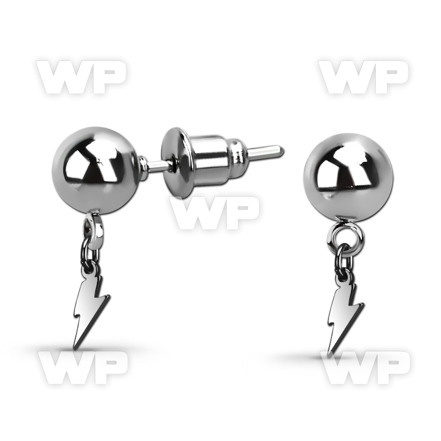 er270 316l steel ear stud w a dangling steel lightning symbol