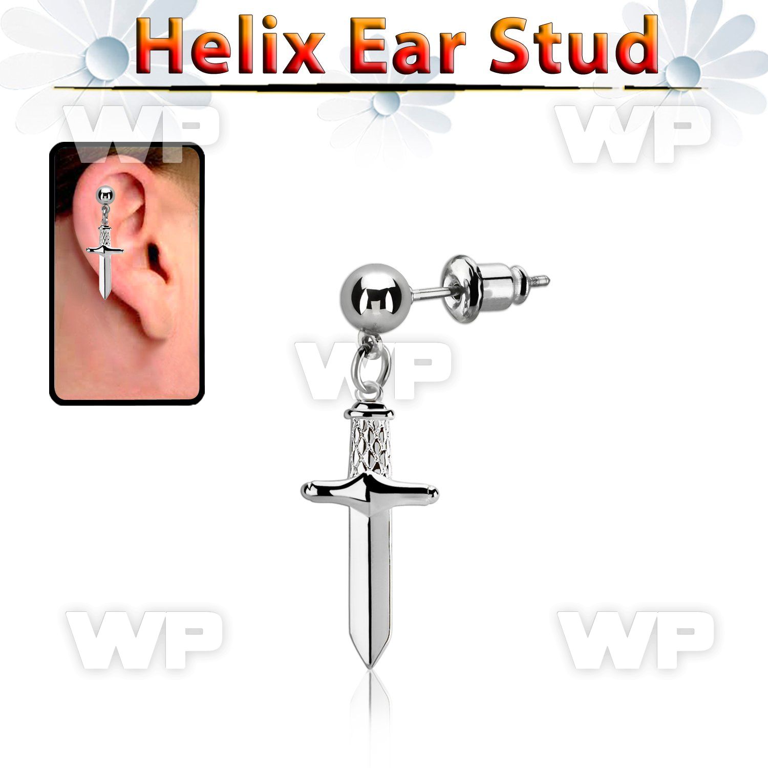 erbd768 ball shaped steel helix ear stud w dangling dagger