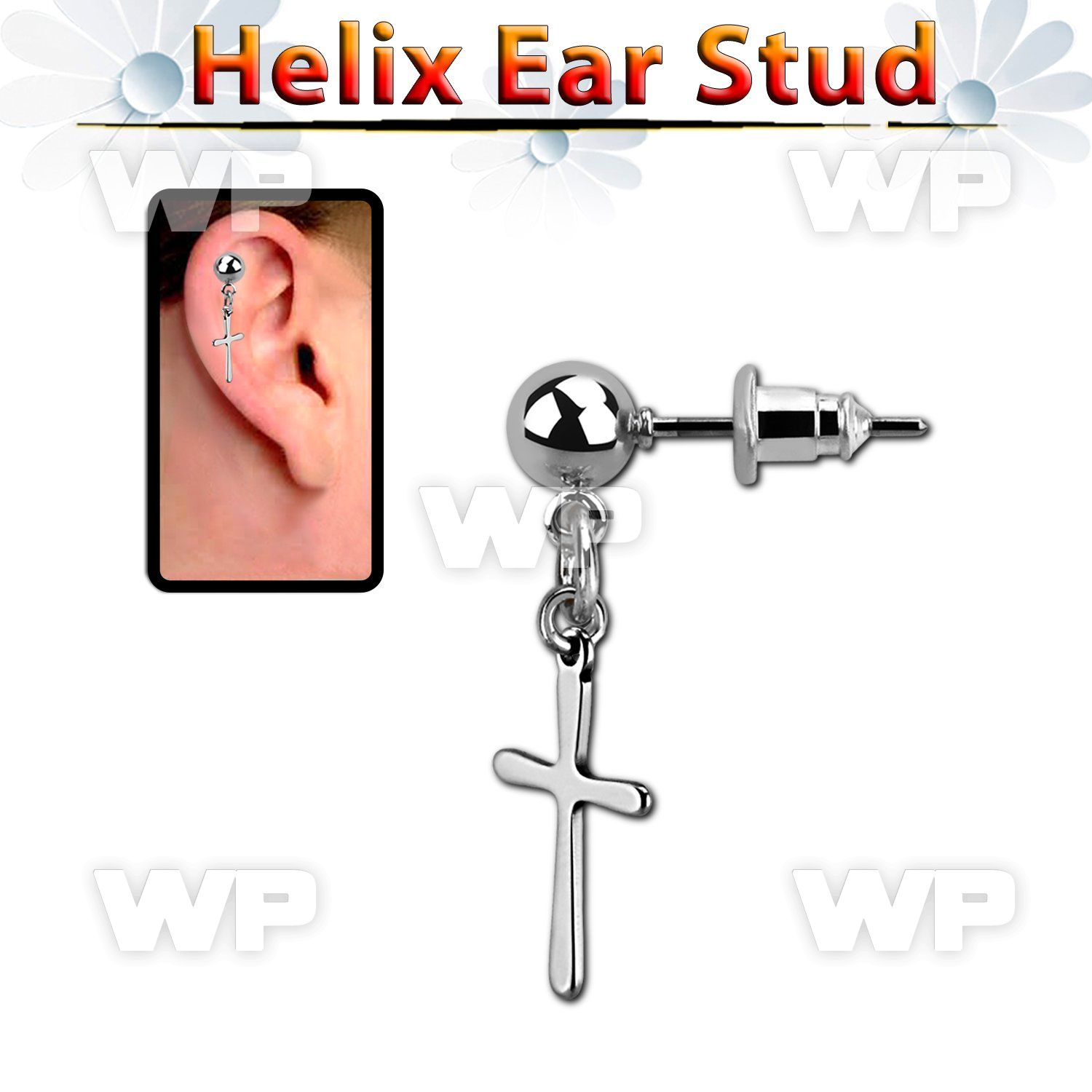 erbdcrs ball shaped surgical steel helix ear stud w plain cross 