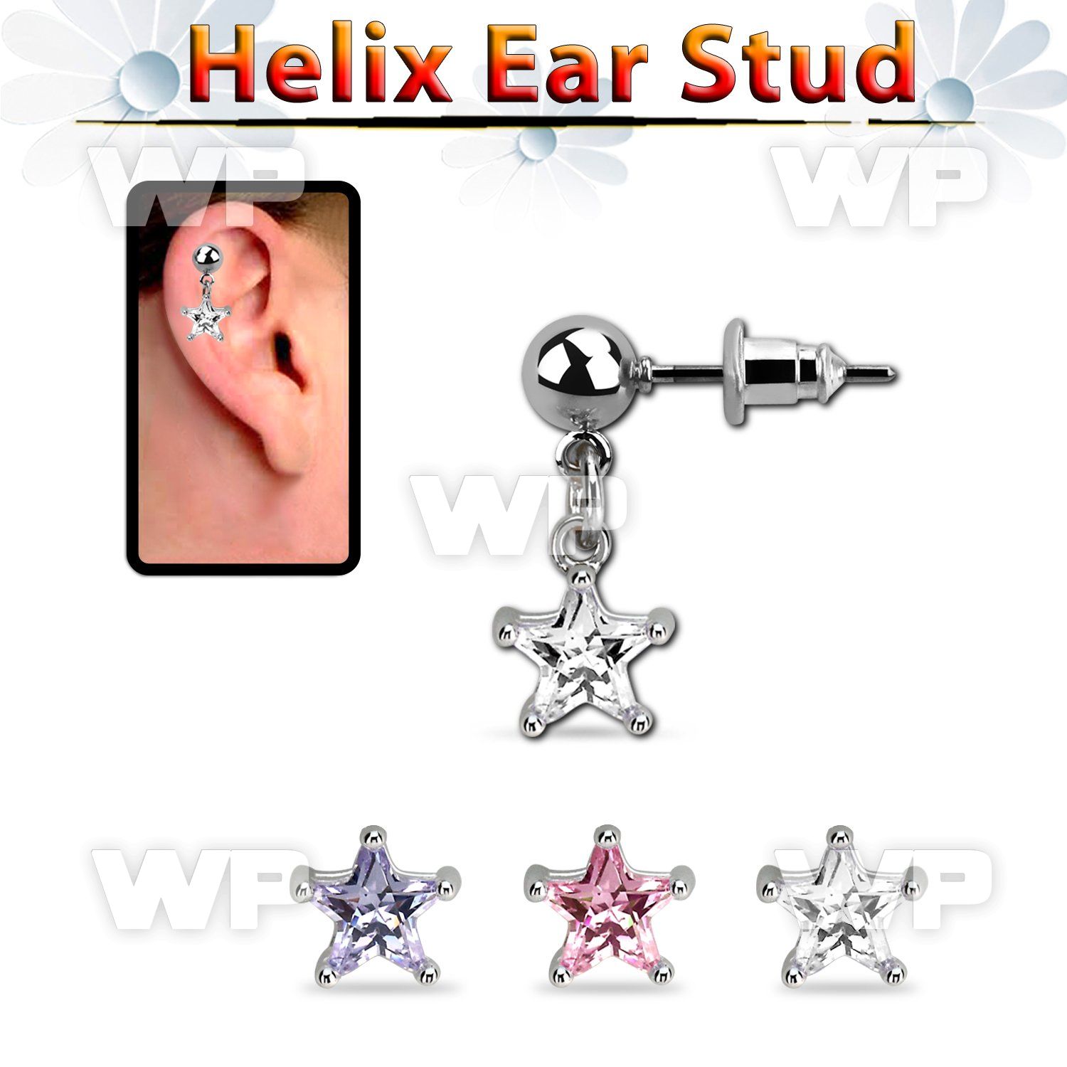 erbdzs6 ball shaped 316l steel ear stud w dangling 6mm star cz