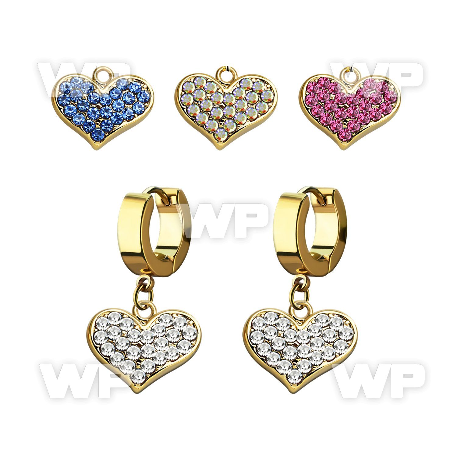 erg705 gold steel huggies earrings w dangling crystal heart