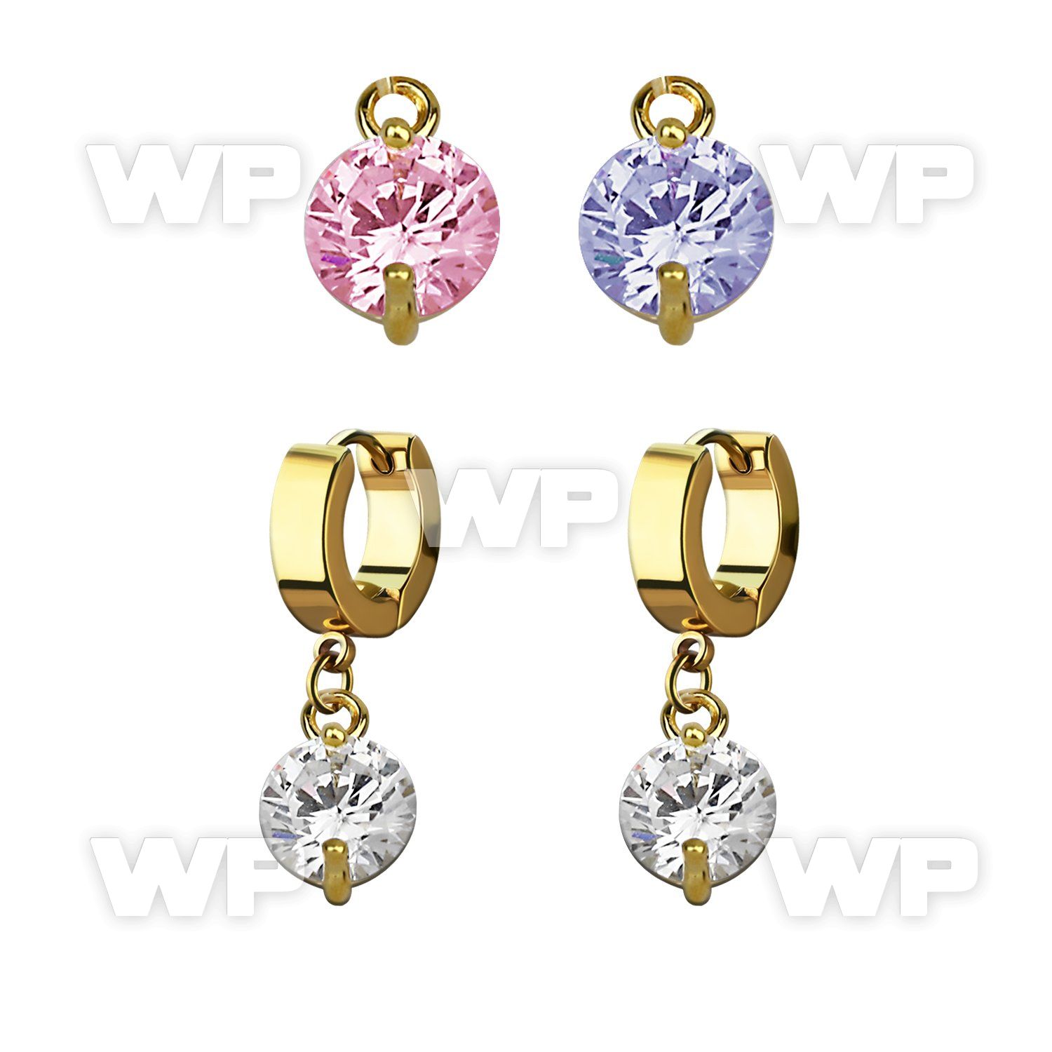 ergz519 gold steel huggies earrings w dangling 8mm prong set cz