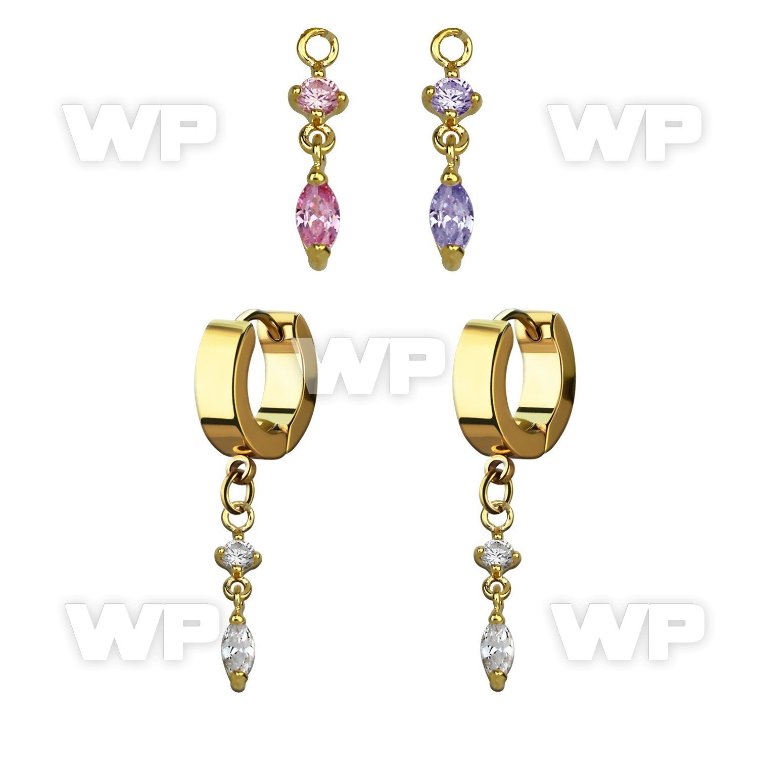 ergz522 gold steel huggies earrings w dangling oval cz