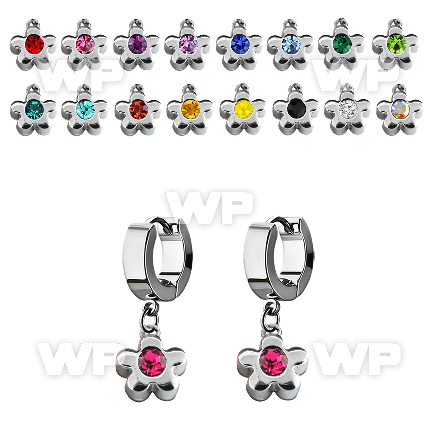 erh399 steel huggies earrings w dangling flower w a big crystal