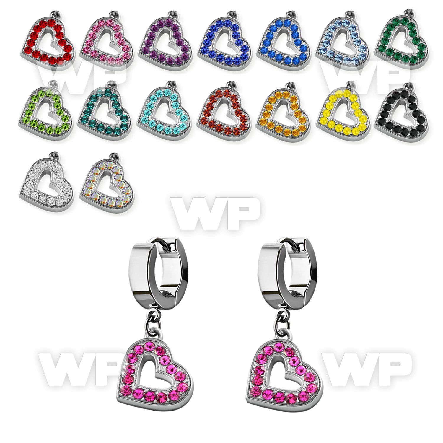 erh402 steel huggies earrings w dangling crystal studded heart