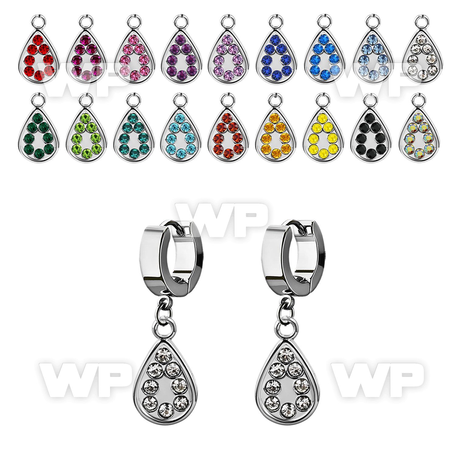 erh403 steel huggies earrings w dangling teardrop w crystals