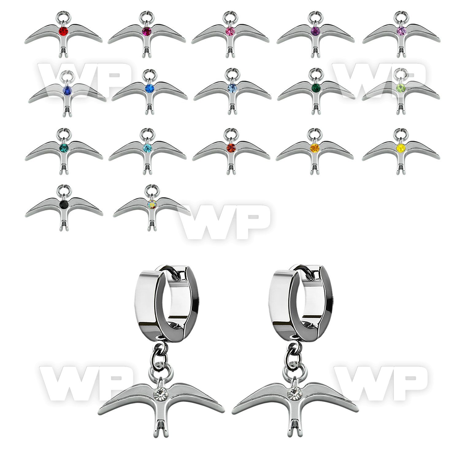 erh463 steel huggies earrings w dangling plain bird w crystal