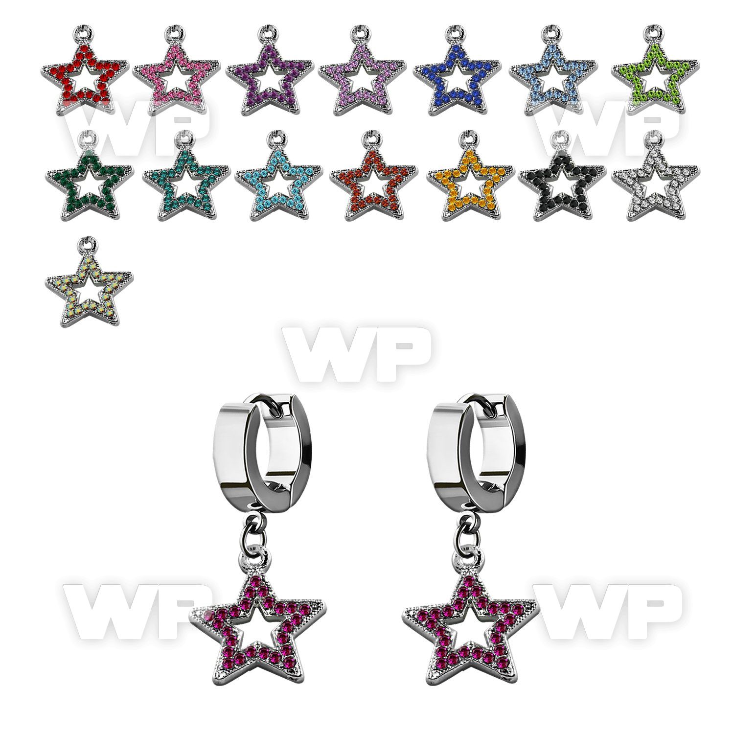 erh488 steel huggies earrings w dangling crystal studded star