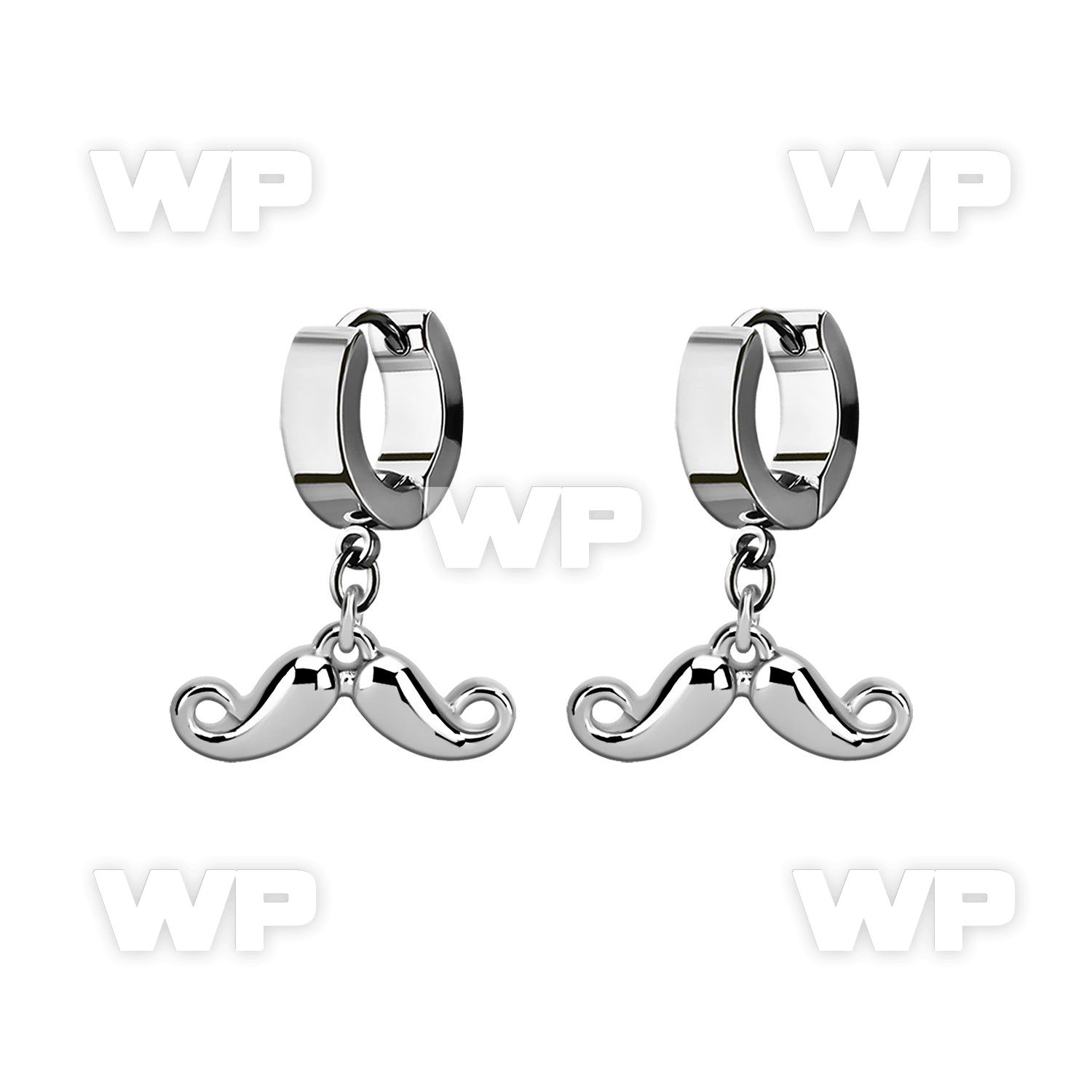 erh519 steel huggies earrings w dangling happy mustache 