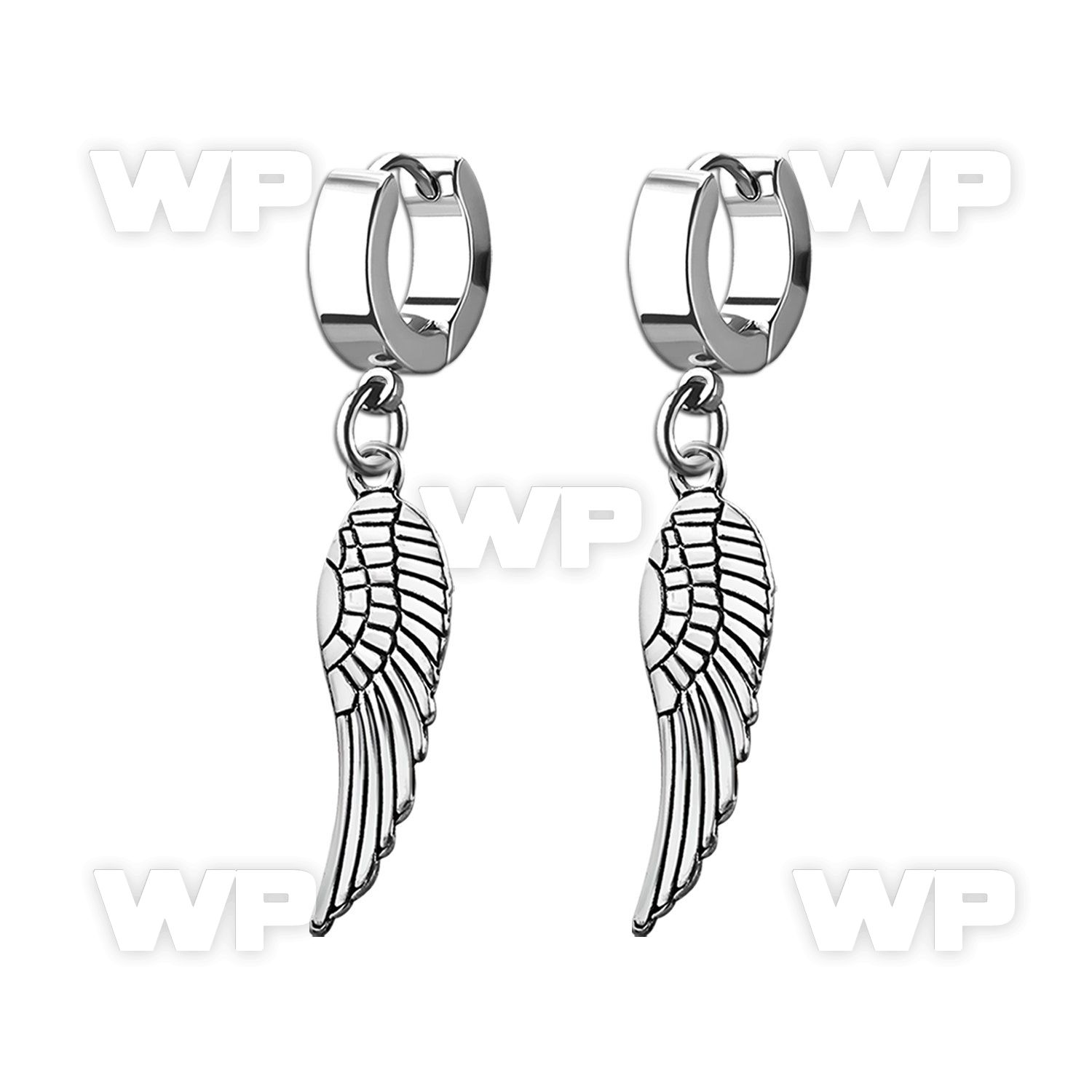 erh653 steel huggies earrings w a dangling plain bird wing 
