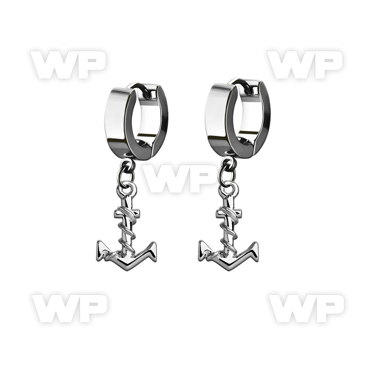 erh699 steel huggies earrings w dangling plain anchor w rope