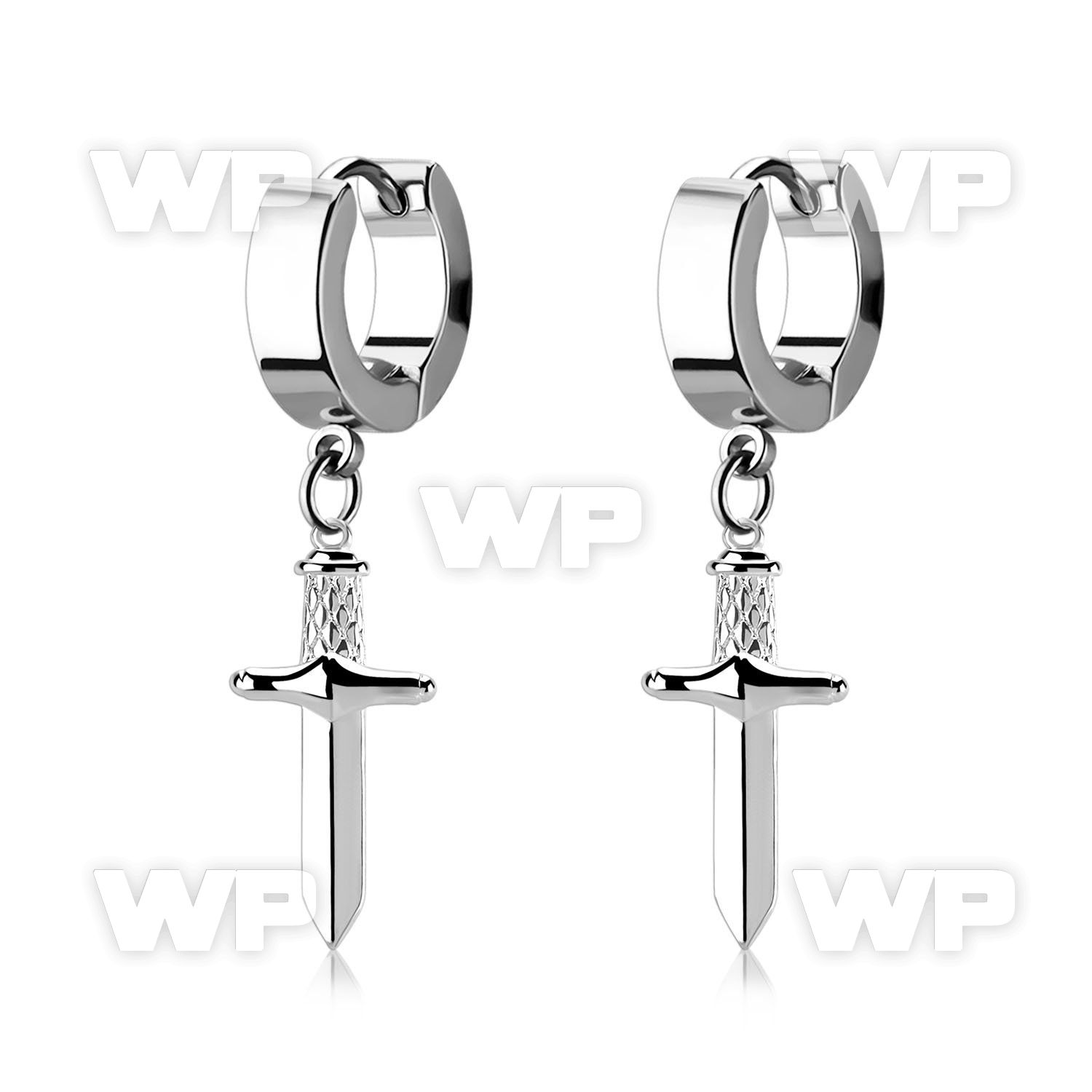erh768 pair of steel huggies earrings w dangling dagger