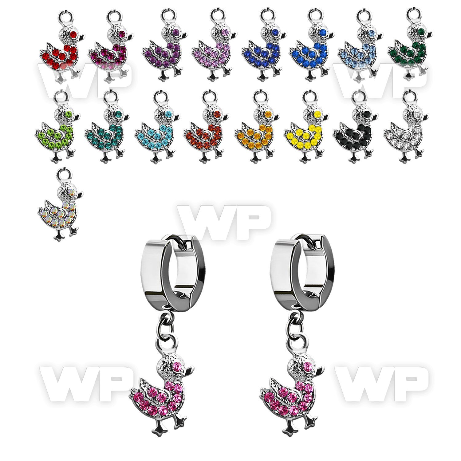 erhdk2 steel huggies earrings w dangling crystal duck 