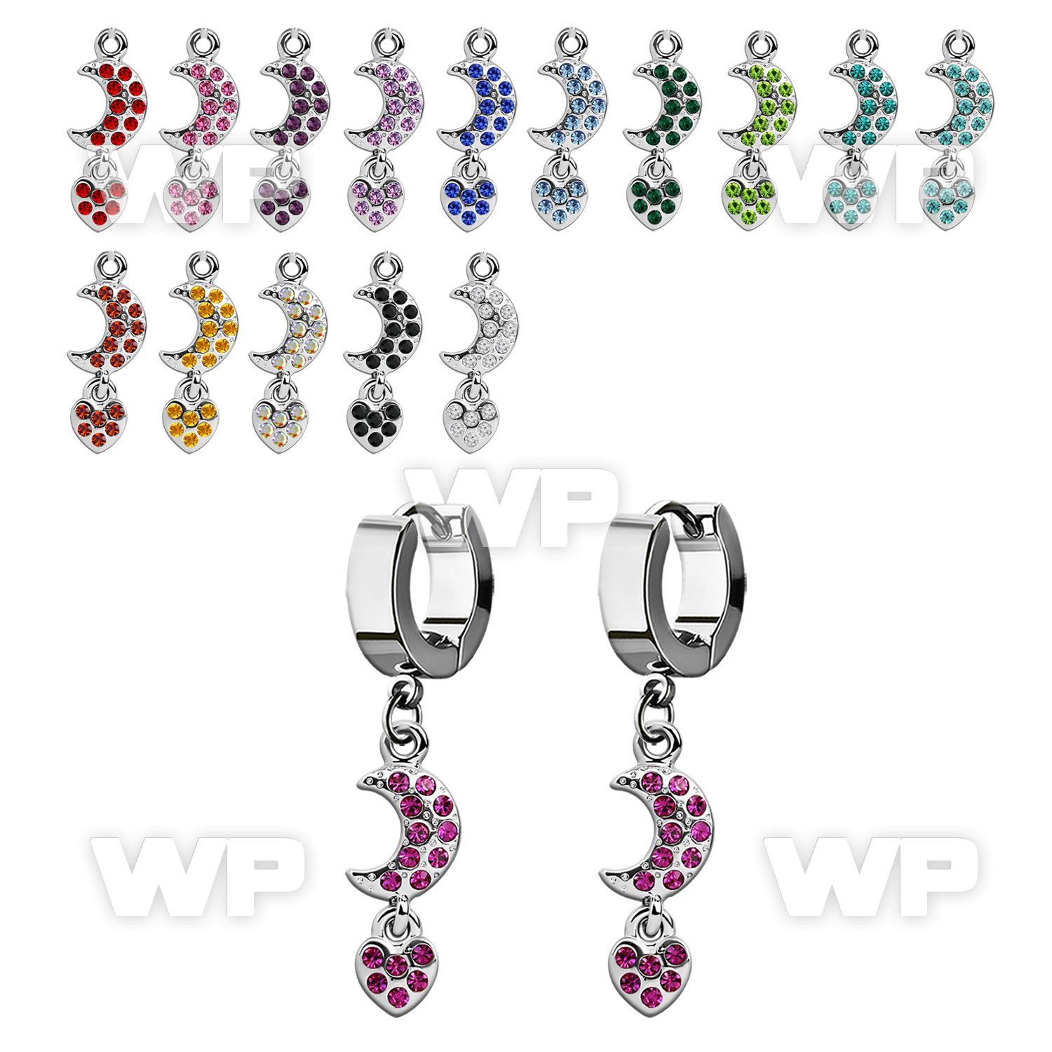 erhmh steel huggies earrings w dangling moon w heart