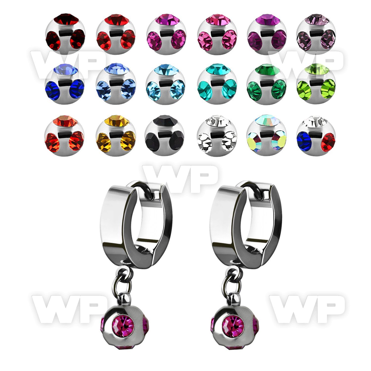 erhmj6 steel huggies earrings w dangling 6mm multi jewel balls