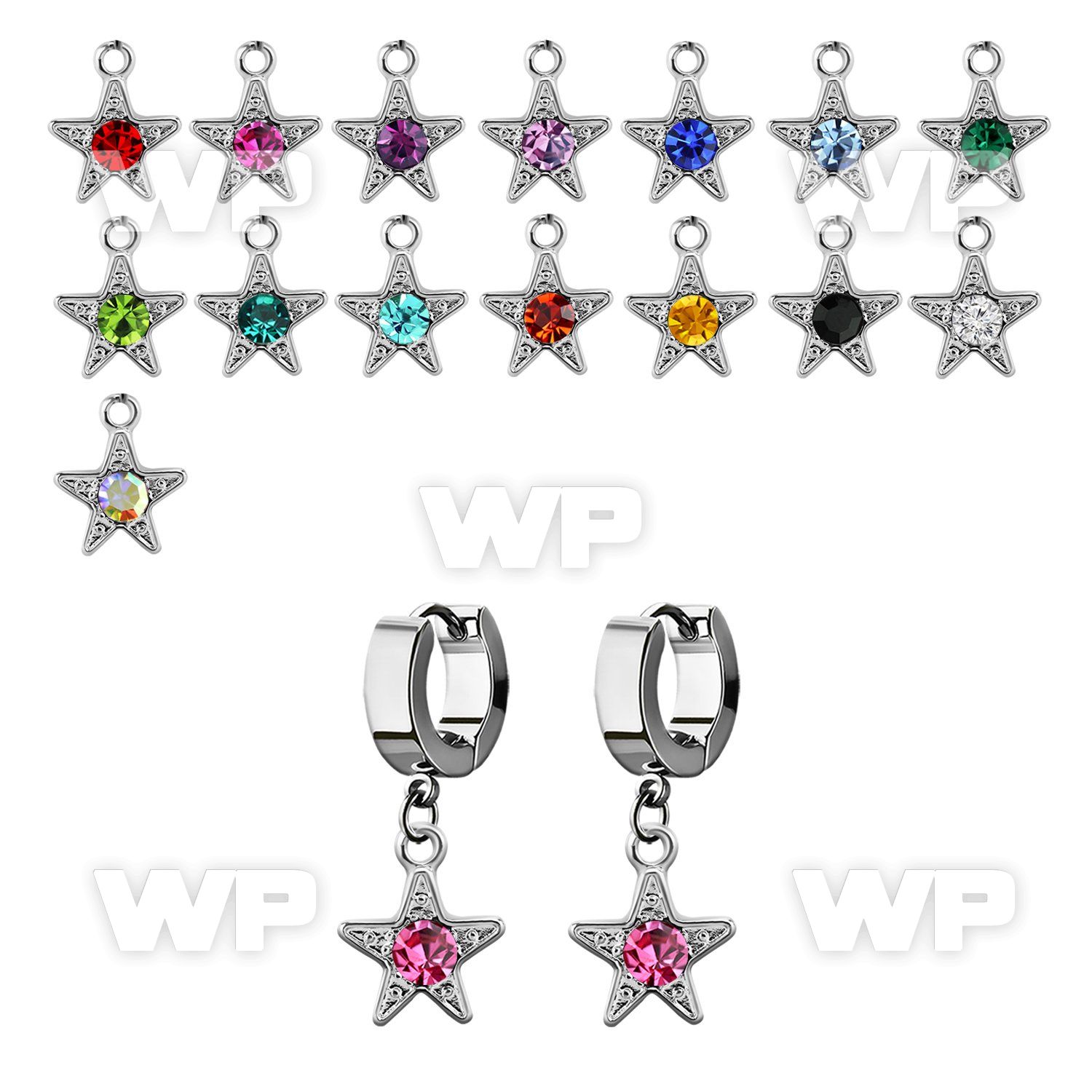 erhsar steel huggies earrings w dangling star w central crystal