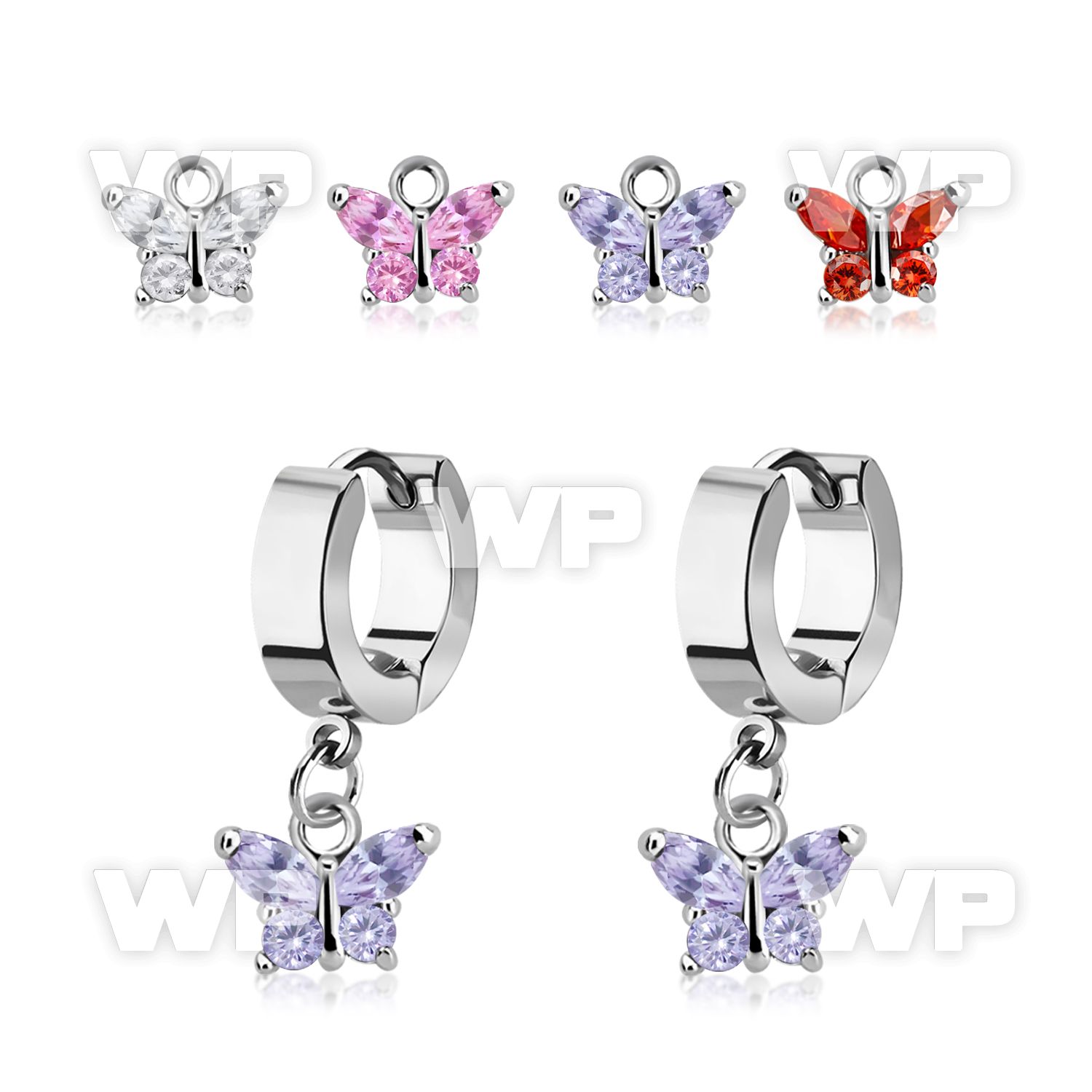 erhz589 stainless steel huggie earring w dangling butterfly