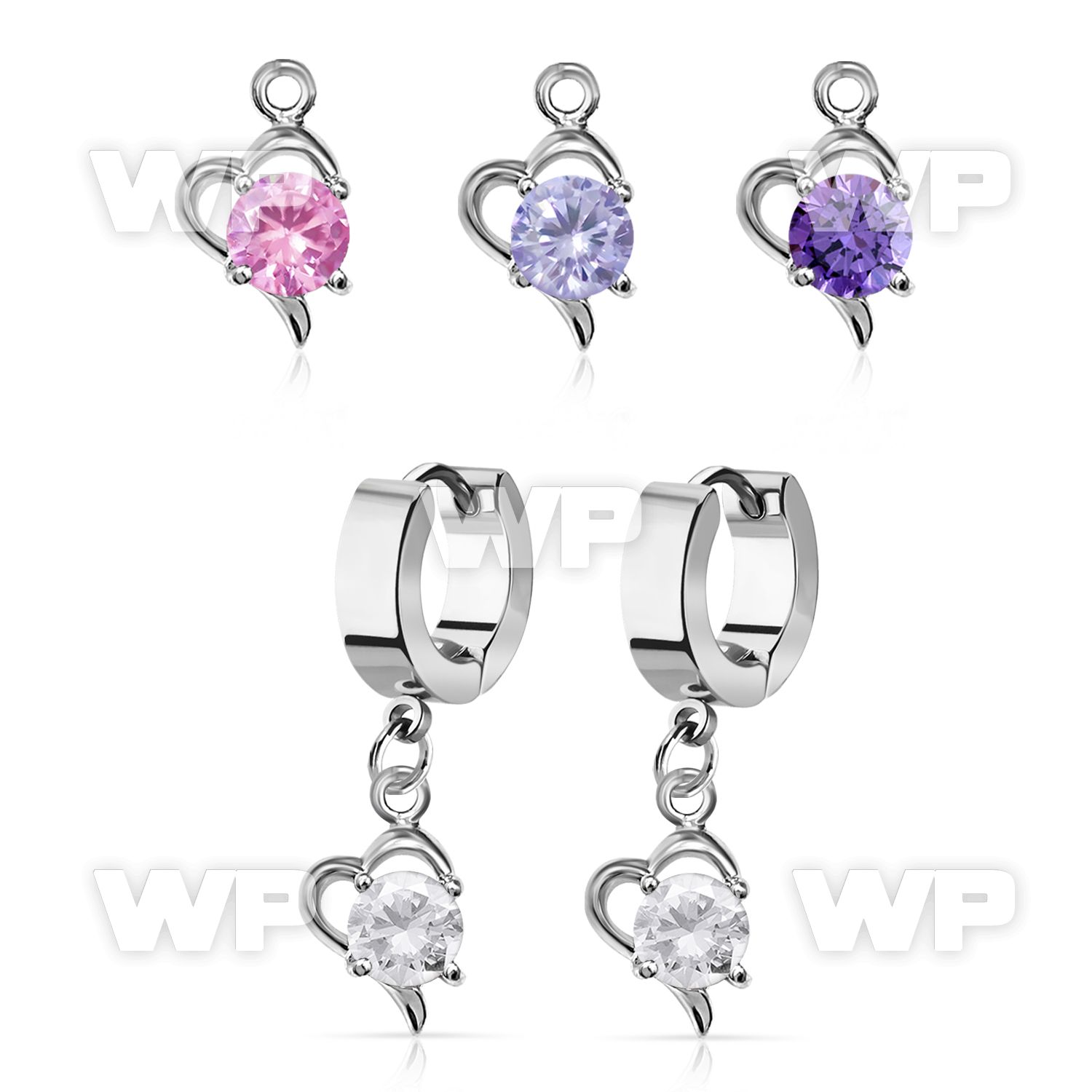 erhz9 steel huggies earrings w dangling heart w a big round cz