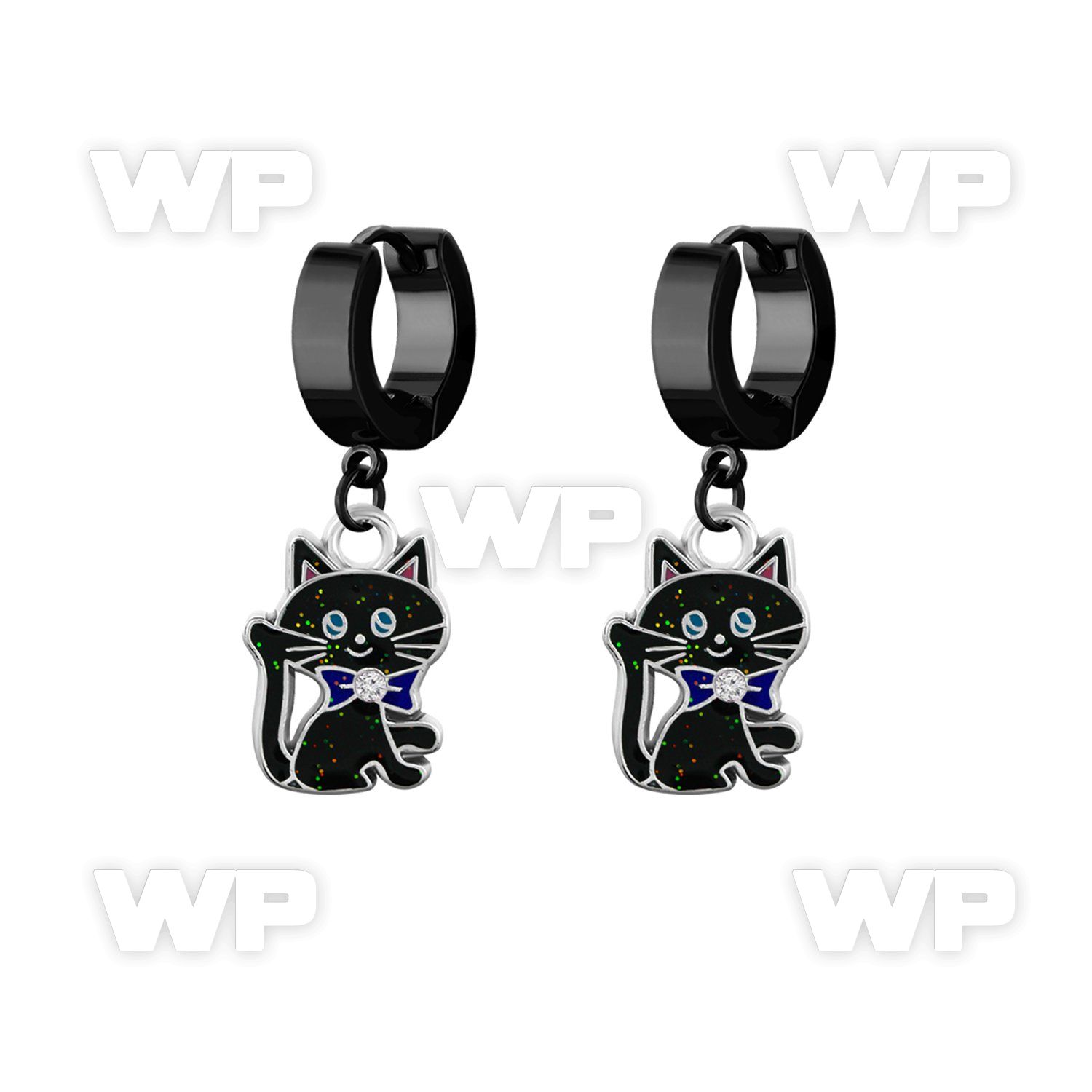 erk503 black steel huggies earrings w dangling black cat design