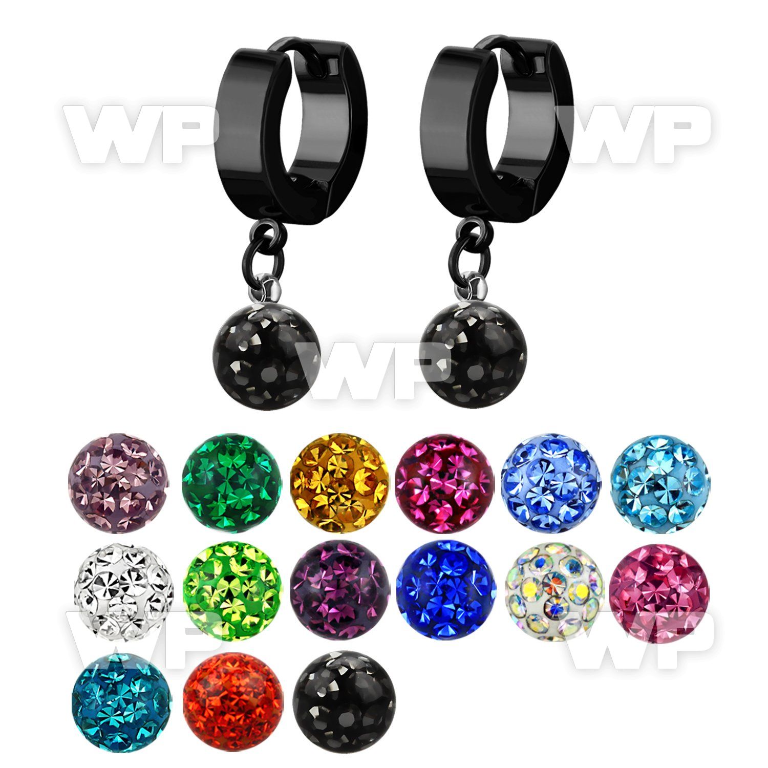 erkfr8 black steel huggies w dangling 8mm multi crystal ball