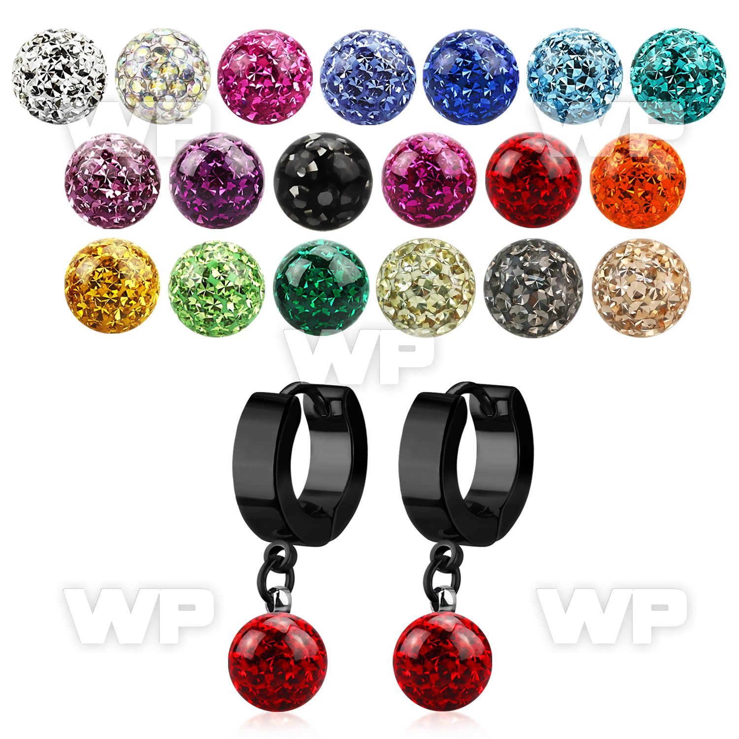 erkfr8 black steel huggies w dangling 8mm multi crystal ball