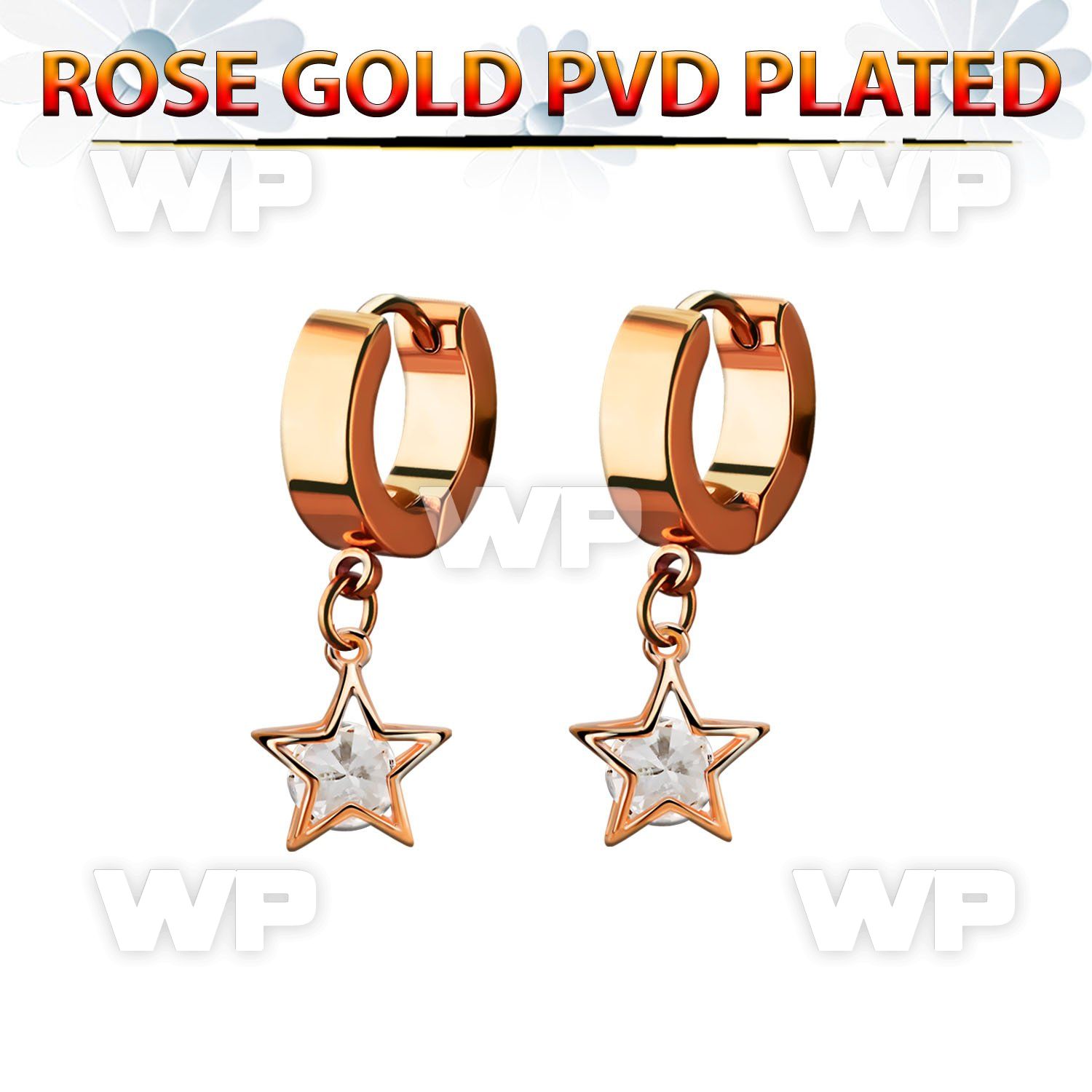 errz414 rose gold steel huggies earrings w dangling star w cz