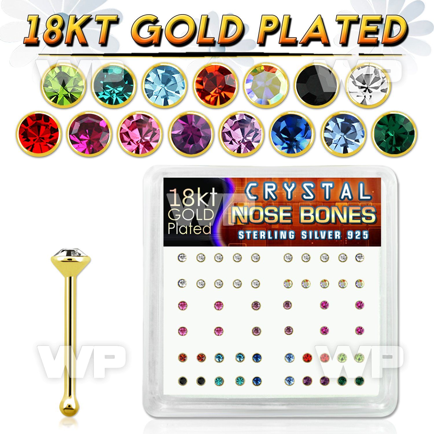 et4e0fj box w silver 925 nose bone 18k gold plated 2mm round nose piercing