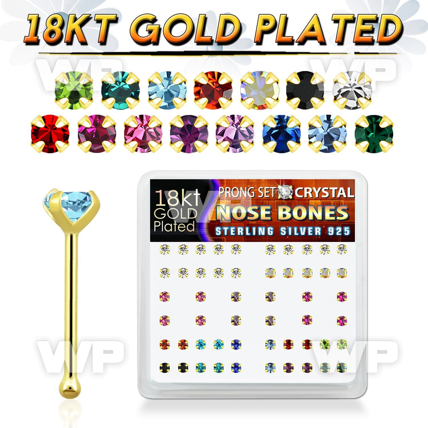 et4me0fj box w silver 925 nose bone 18k gold plated 2mm prong nose piercing