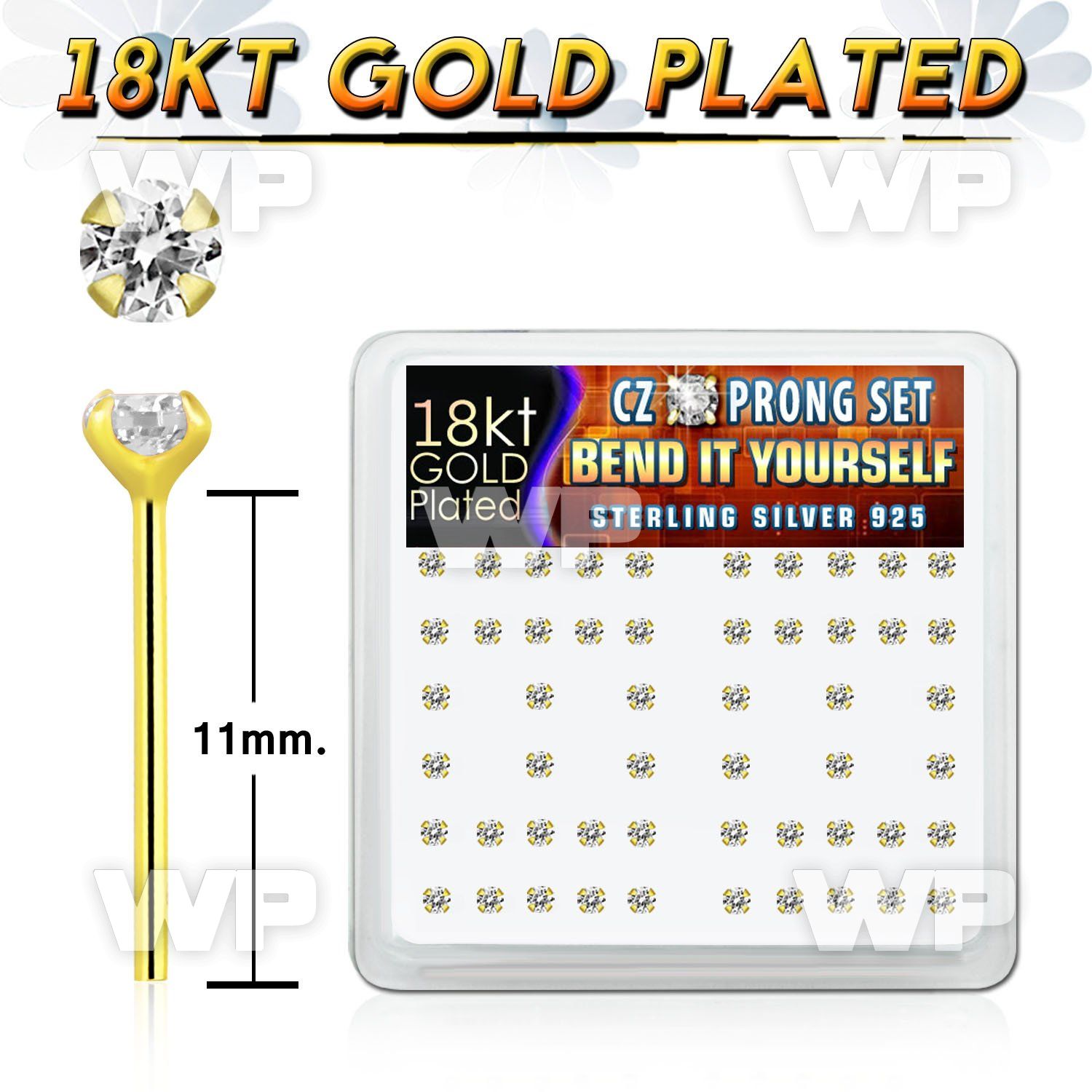 etngkf6 box w silver 925 un bent nose stud 18k gold plated 2mm nose piercing