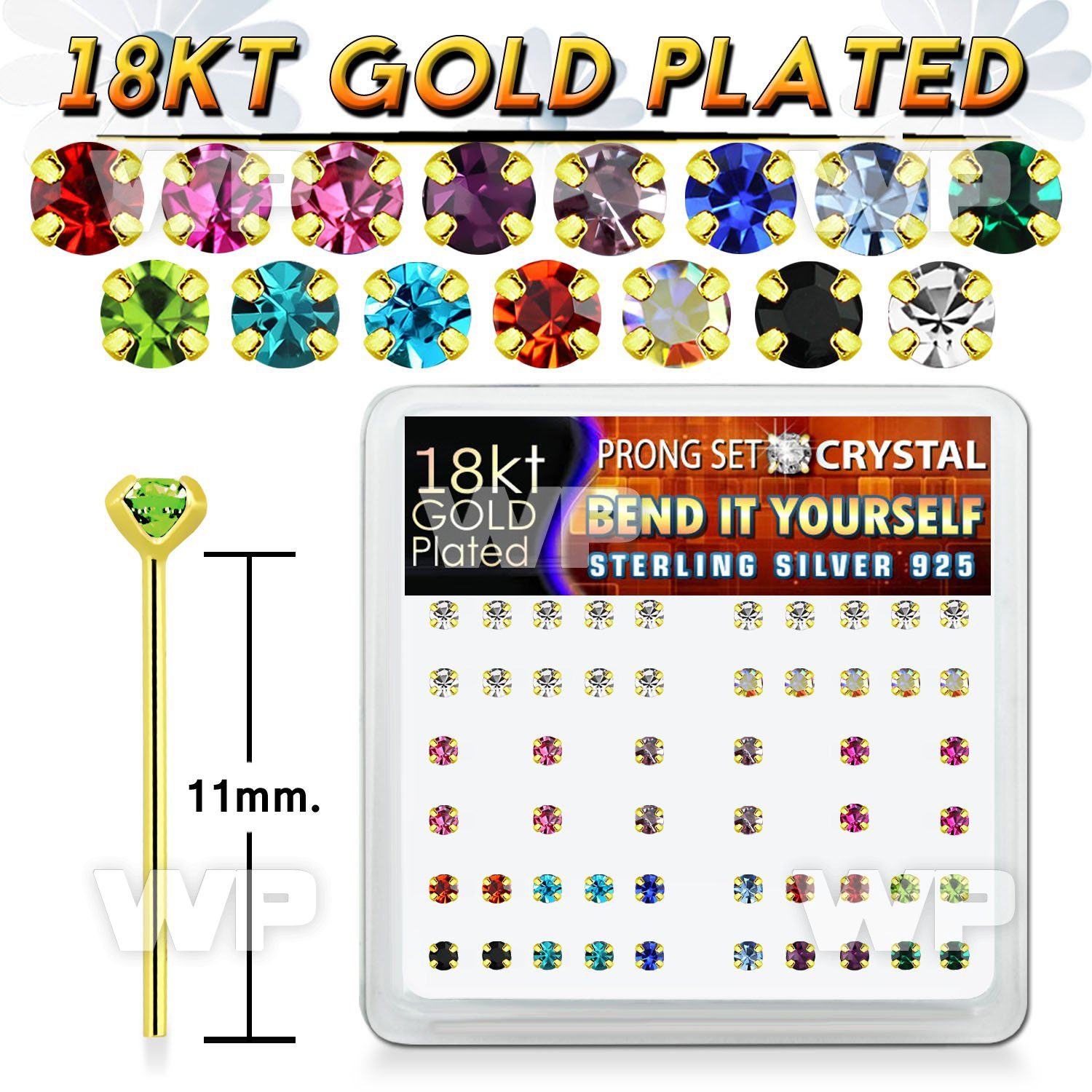 etnme0fj box w silver 925 un bent nose stud 18k gold plated 2mm nose piercing