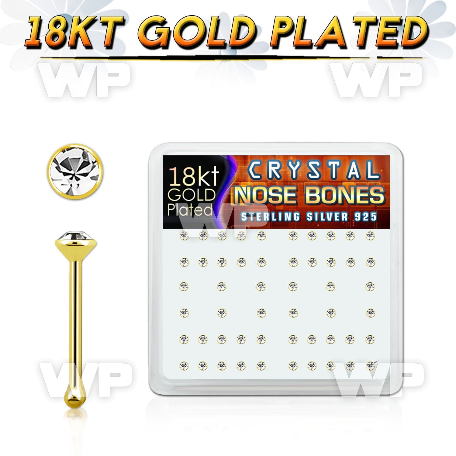 etu44f6 box w silver 925 nose bone 18k gold plated 1 5mm clear nose piercing