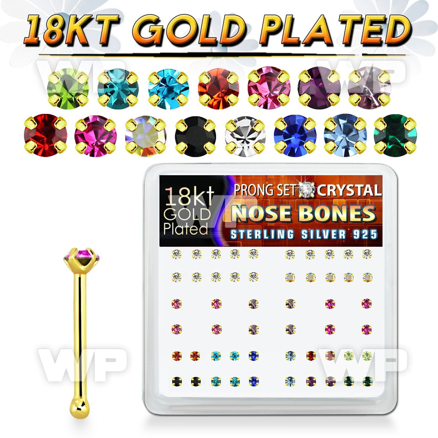 etu4mfj box w silver 925 nose bone 18k gold plated 1 5mm prong nose piercing