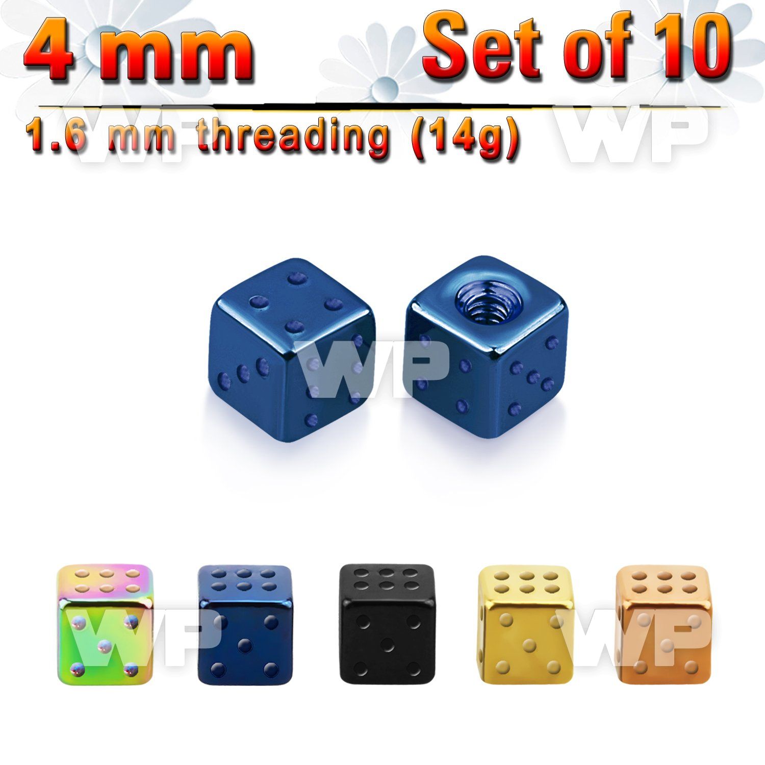 f318r0 pack 4mm ion plated surgical steel dices threading 1 6mm belly piercing