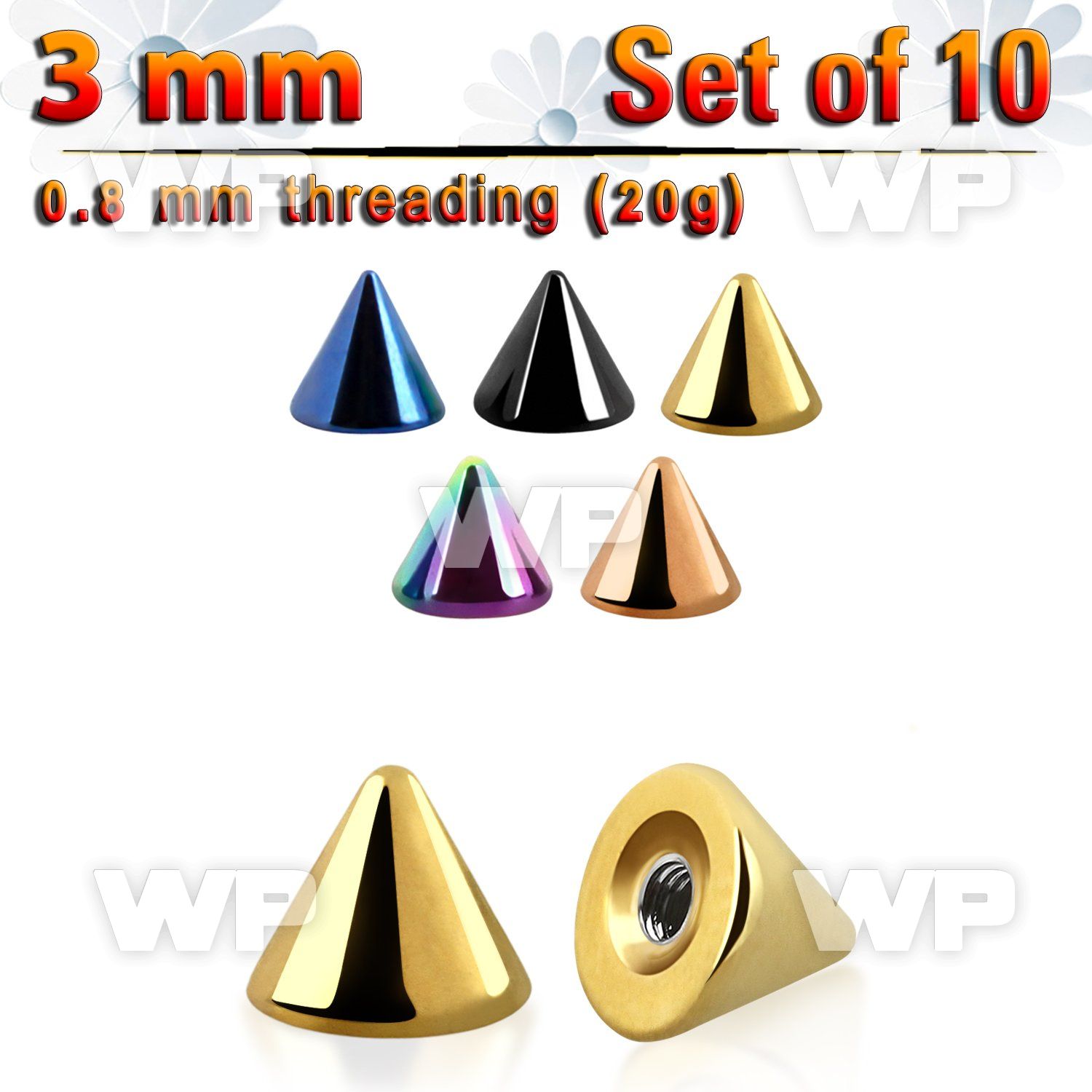 f6urzf3 pack of 10 pcs of 3mm ion plated surgical steel cones thr 