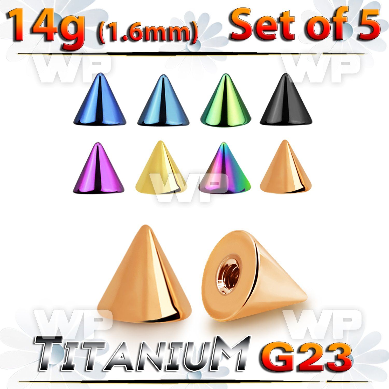 fh6ursi pack 5mm ion plated g23 titanium cones1 6mm threading belly piercing