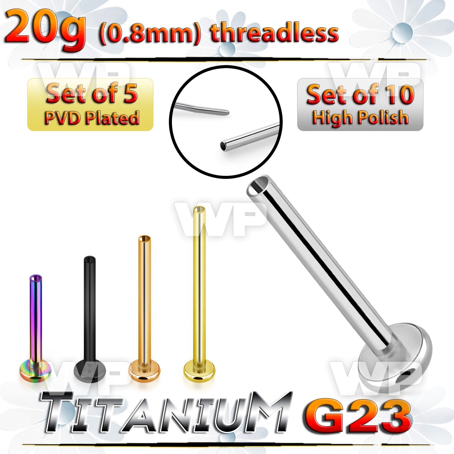 fhb4u53kpi titanium threadless labret stud post 20g 10pcs