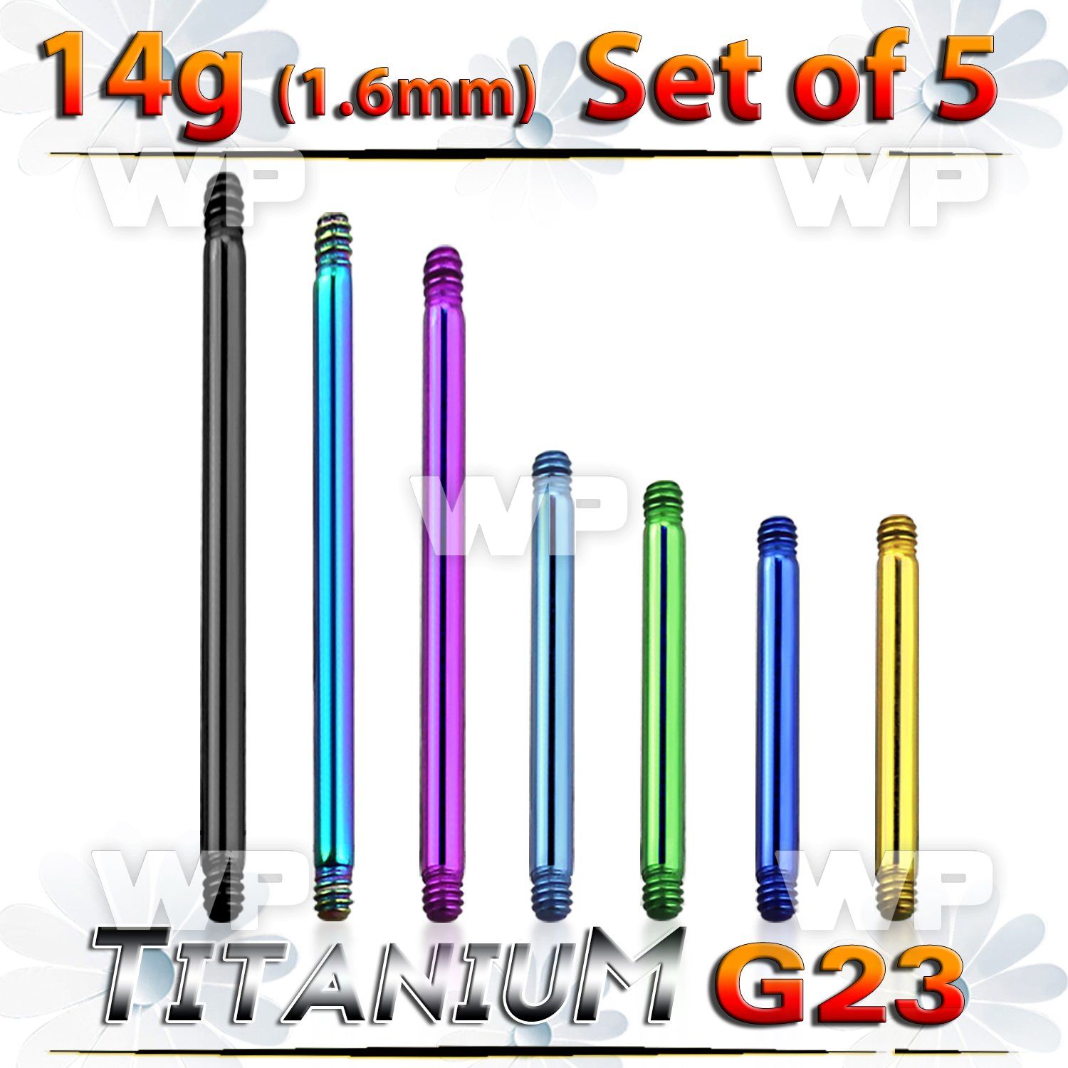 fhr44e0 pack 5mm ion plated g23 titanium barbells post1 6mm threa belly piercing