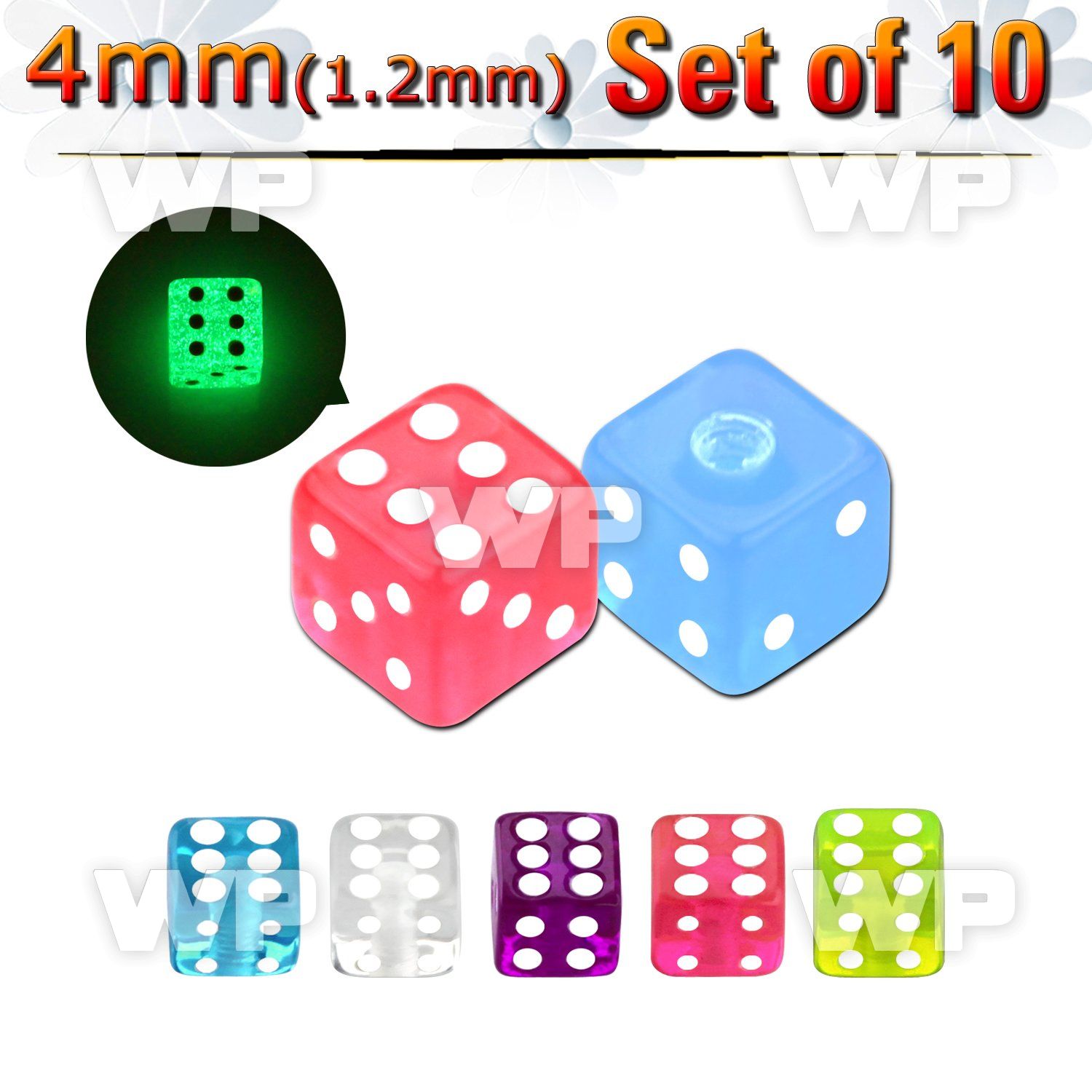 fib1803 pack 4mm glow in the dark acrylic dices 1 2mm threading 