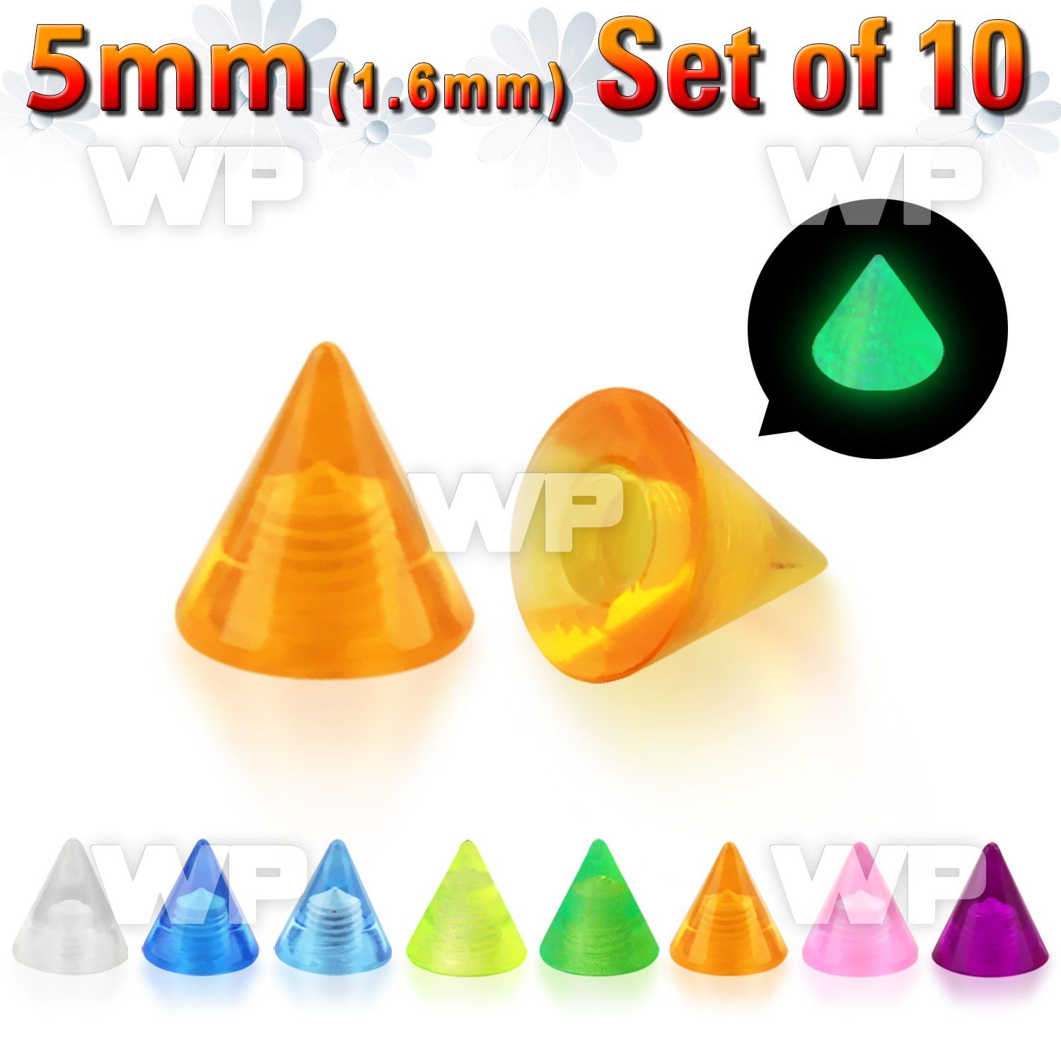 fib6us pack 5mm glow in the dark acrylic cones1 6mm threading belly piercing