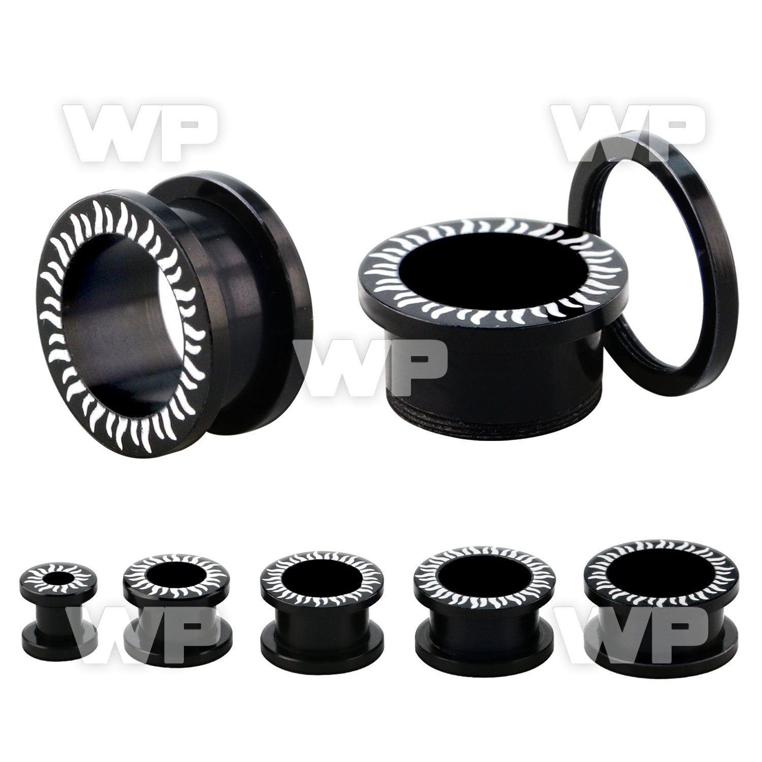 fpaa black acrylic flesh tunnel plug w sun pattern on the rim