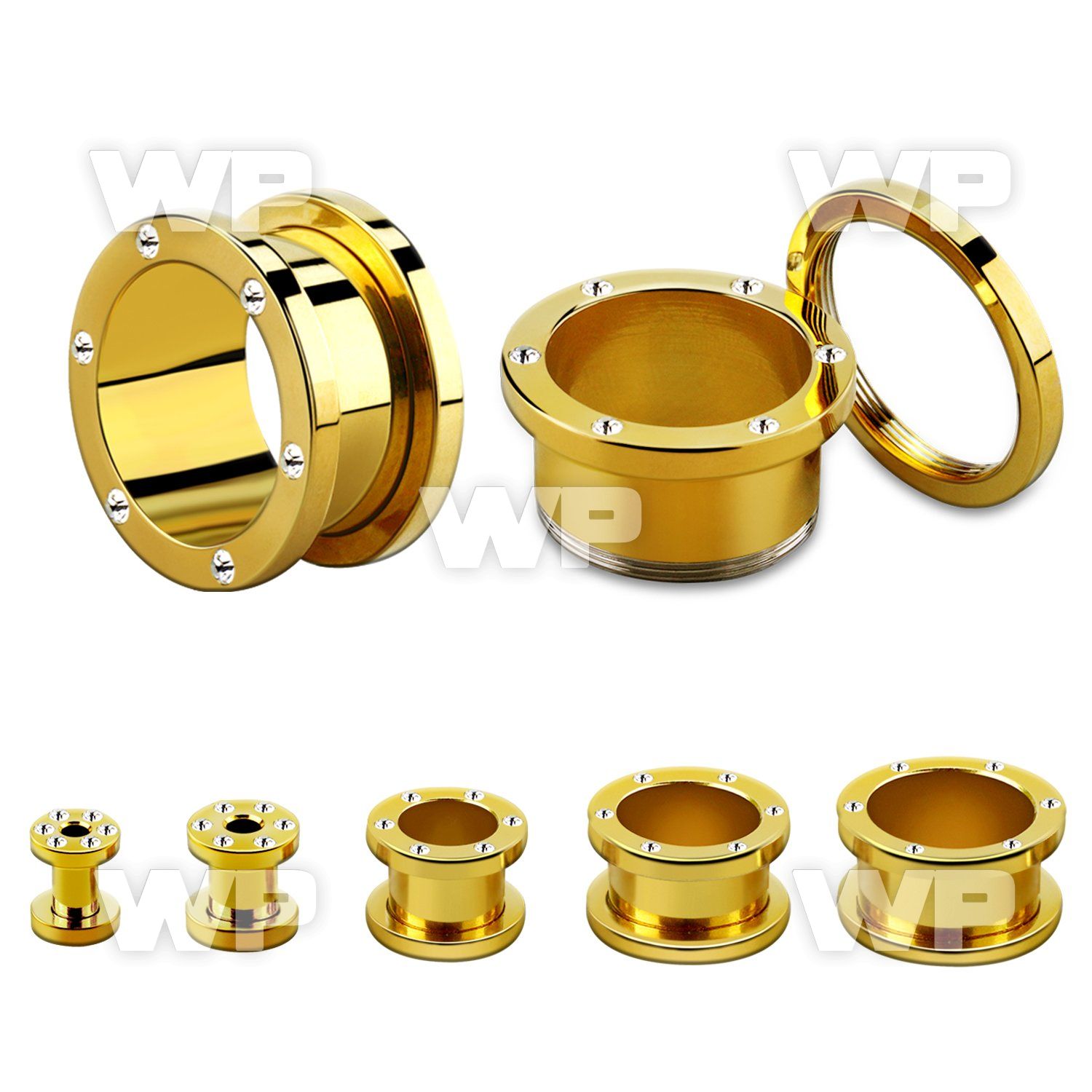 fsjg gold anodized steel screw fit flesh tunnel w crystal