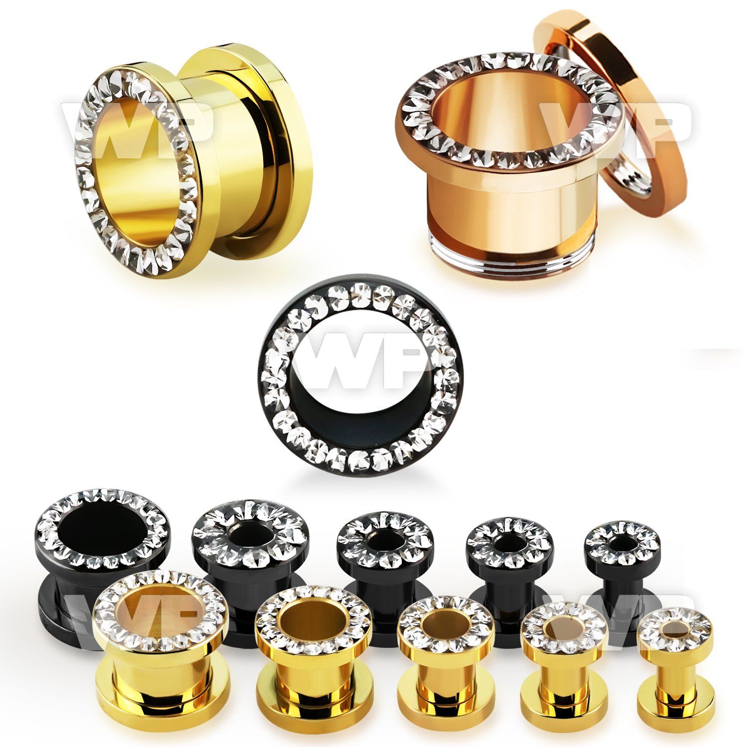 ftscpcr pvd steel flesh tunnel w crystal studded rim w resin