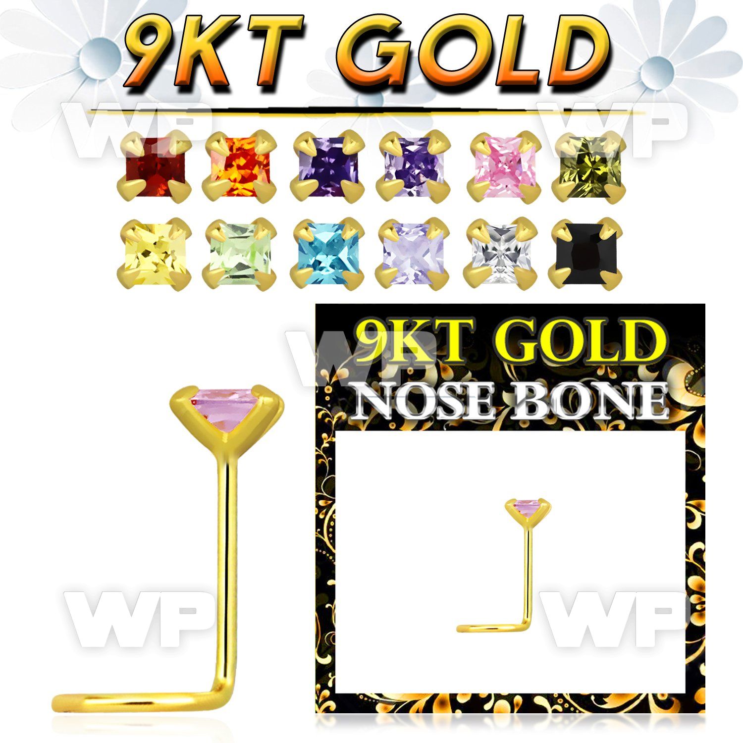 g9nbqm1 9kt gold nose bone, 22g  w 2mm square prong set cz stone