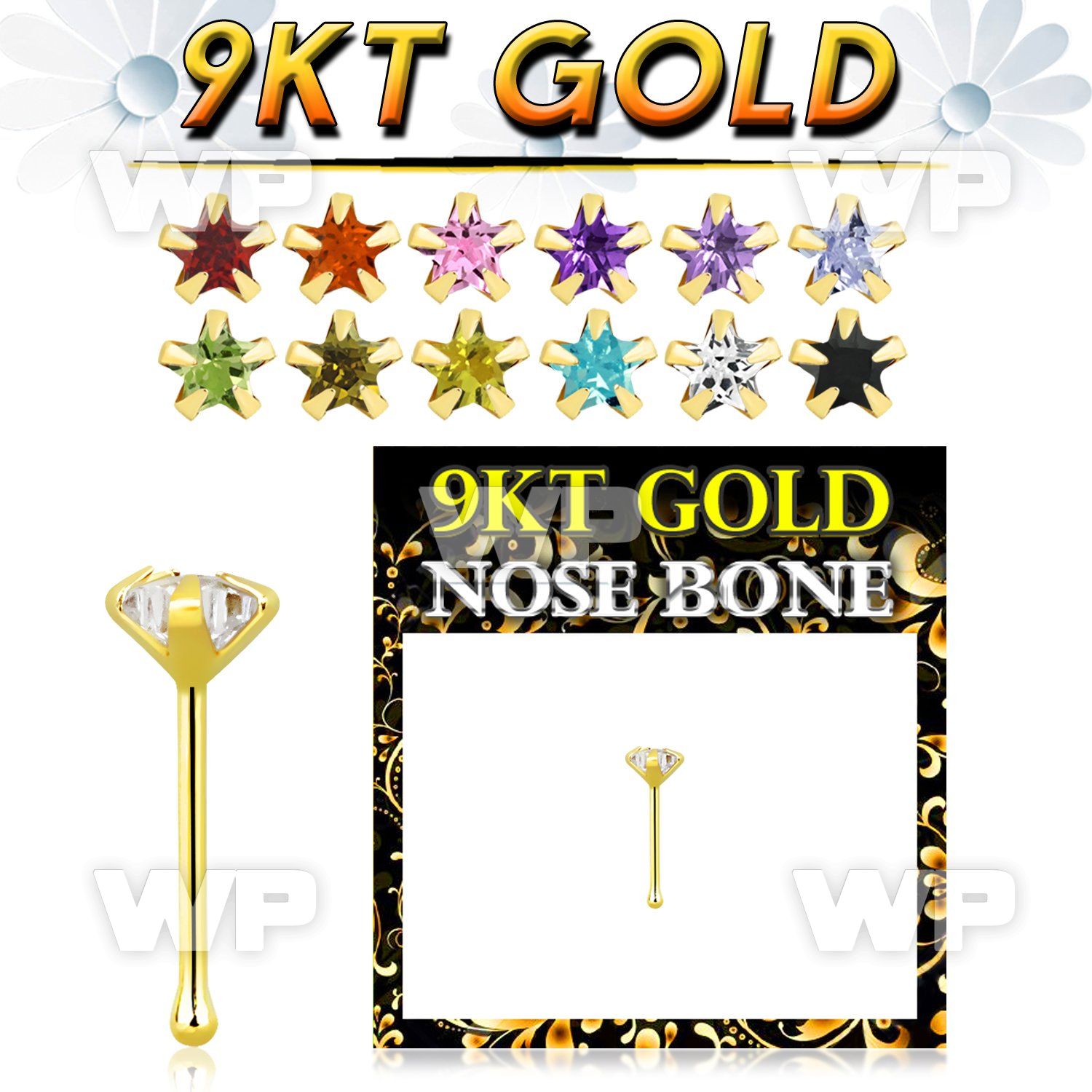 g9nbsm1 9kt gold nose bone, 22g  w 3mm prong set star cz
