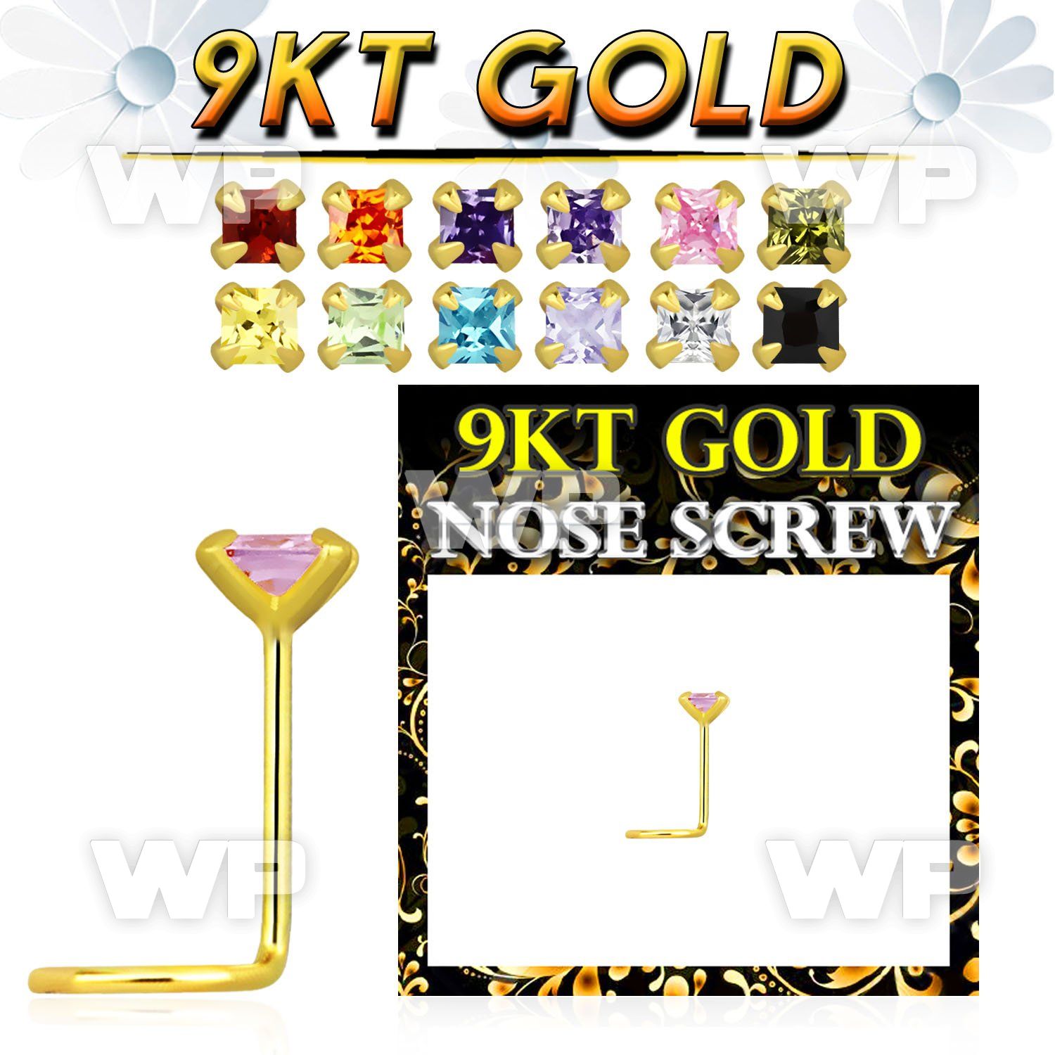 g9szqm1 9kt gold nose screw, 22g with a 2mm square prong set cz