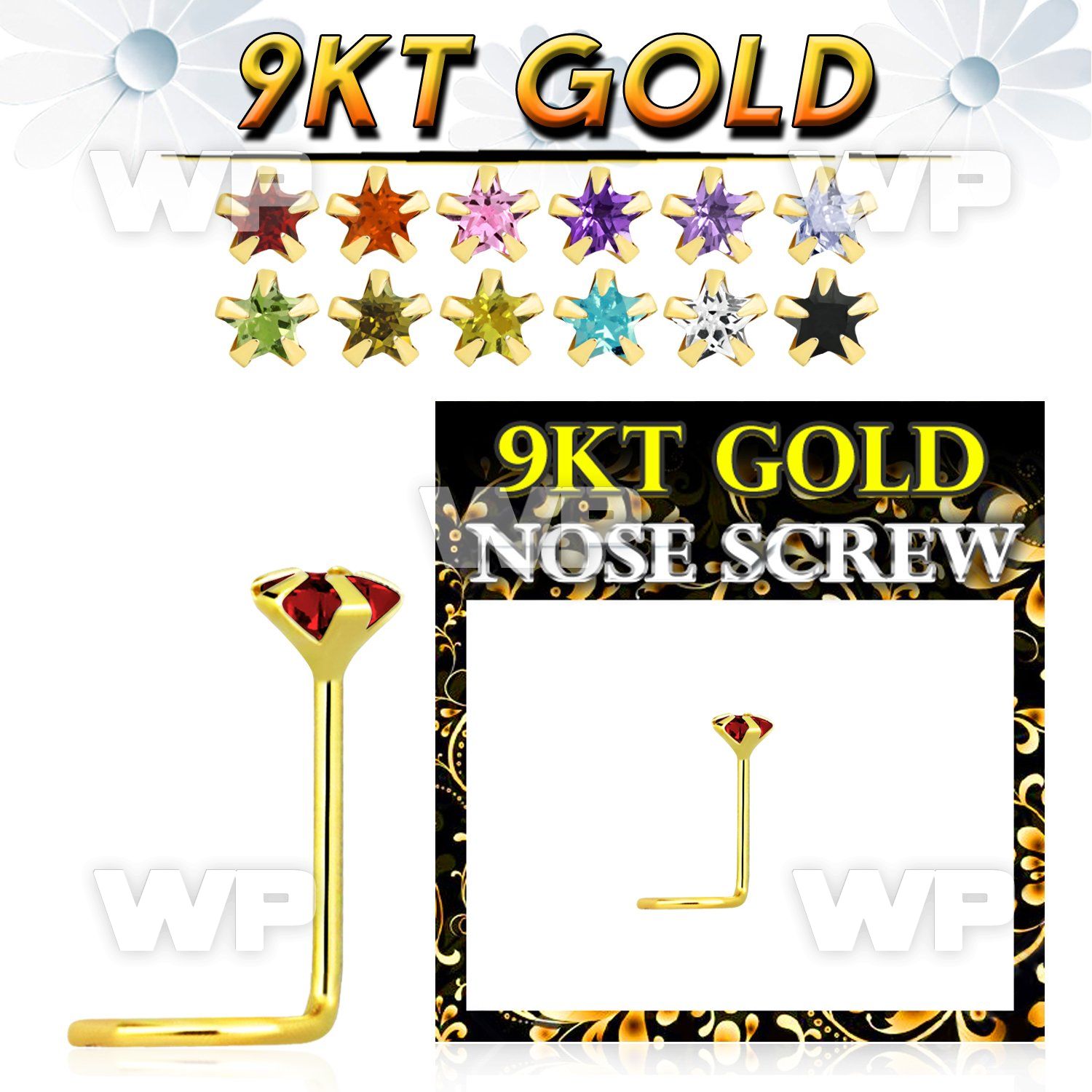 g9szsm1 9kt gold nose screw, 22g w 3mm star shaped prong set czs