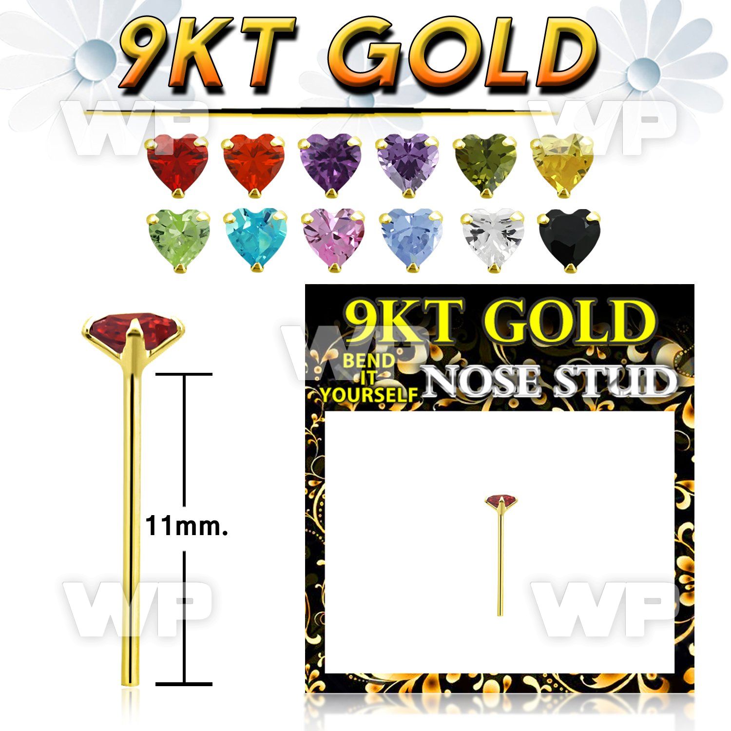 g9yzhm1 9kt gold bend it nose stud 22g w 3mm prong set heart cz